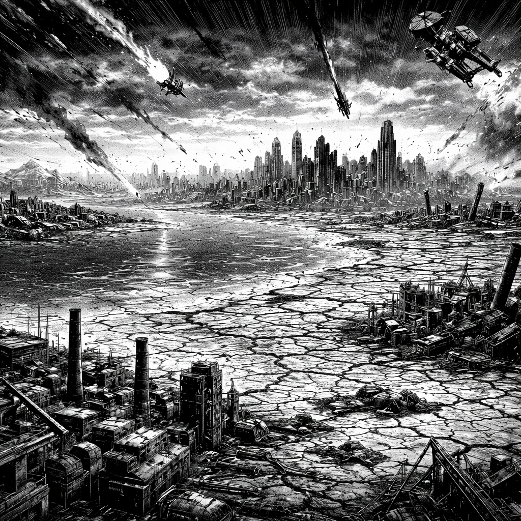 Post-apocalyptic Earth in year 2070, wide cinematic shot, polluted oceans glowing faint green, cracked barren lands, collapsed megacities under smog-filled skies, abandoned factories, broken satellites falling from orbit, dark dystopian sci-fi manga style, highly detailed line art, dramatic lighting, somber atmosphere, no text, black and white manga shading