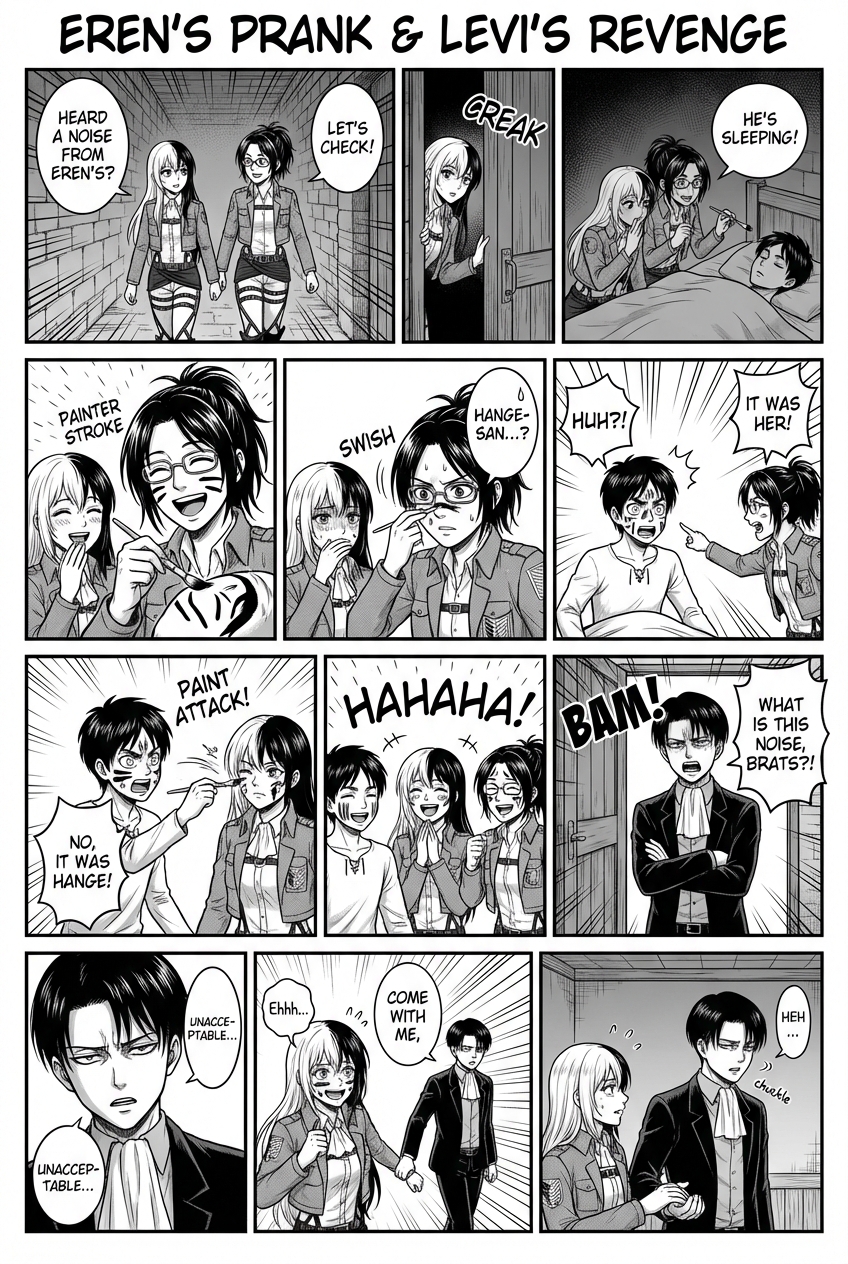 Miu has two-tone long hair, one side white and the other black. Hange has brown hair in a ponytail and Hange have glass. Eren has short brown hair and Levi has short black hair.
Miu and Hange are walking down the hall and talking. They hear a commotion coming from Eren's room and decide to paint him. They open his door. They sit on Eren's bed and paint Eren's face. Miu and Hange laugh.
Hange suddenly sees Eren waking up and decides to paint himself too. Miu stares at Hange nervously.Because Hange Betrayed Miu When Eren wakes up, he looks surprised. Hange points at Miu and Eren catches Miu and Hange paints Miu.even though Miu protests
They laugh so hard that Levi bursts into the room with his typical angry expression and starts muttering something. Miu looks at Levi nervously and tries to smile. And say nervously ,,ehhh." Levi looks away and starts laughing in room. Then he grabs Miu's hand and pulls Levis room. When they are alone, Miu watches him nervously. And Levi laughs at her.