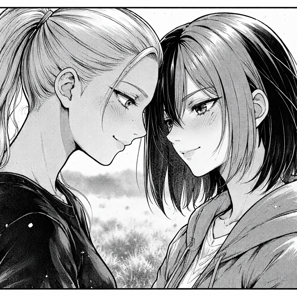 facing each other closely, smiling softly with affectionate expressions. One has light hair tied in a ponytail, the other has straight dark shoulder-length hair with bangs. Their faces are very close, almost touching, as if sharing an intimate moment. The scene is set outdoors in an open field with a blurred horizon in the background. Slight wind blowing strands of hair. Vintage film grain texture, subtle vertical film scratches, retro TV frame effect, soft shading, detailed line art, emotional atmosphere, cinematic composition, depth of field, high detail, monochrome, nostalgic mood.