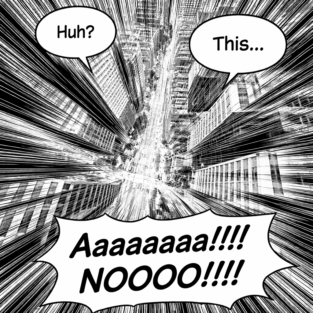 Black and white manga-style panel showing a dramatic falling perspective from a tall building. The view looks straight downward into a realistic cityscape with clearly defined rectangular buildings, straight streets, and proper urban grid layout. Strong radial speed lines and controlled motion blur converge toward the center to emphasize extreme height and vertigo, without distorting building shapes.
No character body visible at all — no hands, no arms, no silhouette, no human anatomy. Only the falling perspective and the city below. Clean monochrome manga line art, high contrast, sharp city details, dynamic motion lines.
Two small white speech bubbles near the top contain the text:
“Huh?” and “This…”
One large white speech bubble at the bottom contains bold manga-style lettering:
“Aaaaaaa!!!!
NOOOO!!!!!”
Classic Japanese manga panel composition, black and white only, dramatic tension, clear perspective, controlled motion effects.
Negative prompt: hands, arms, fingers, body parts, human silhouette, character anatomy, abstract city, distorted buildings, warped architecture, surreal shapes, painterly blur, soft focus, sketchy background