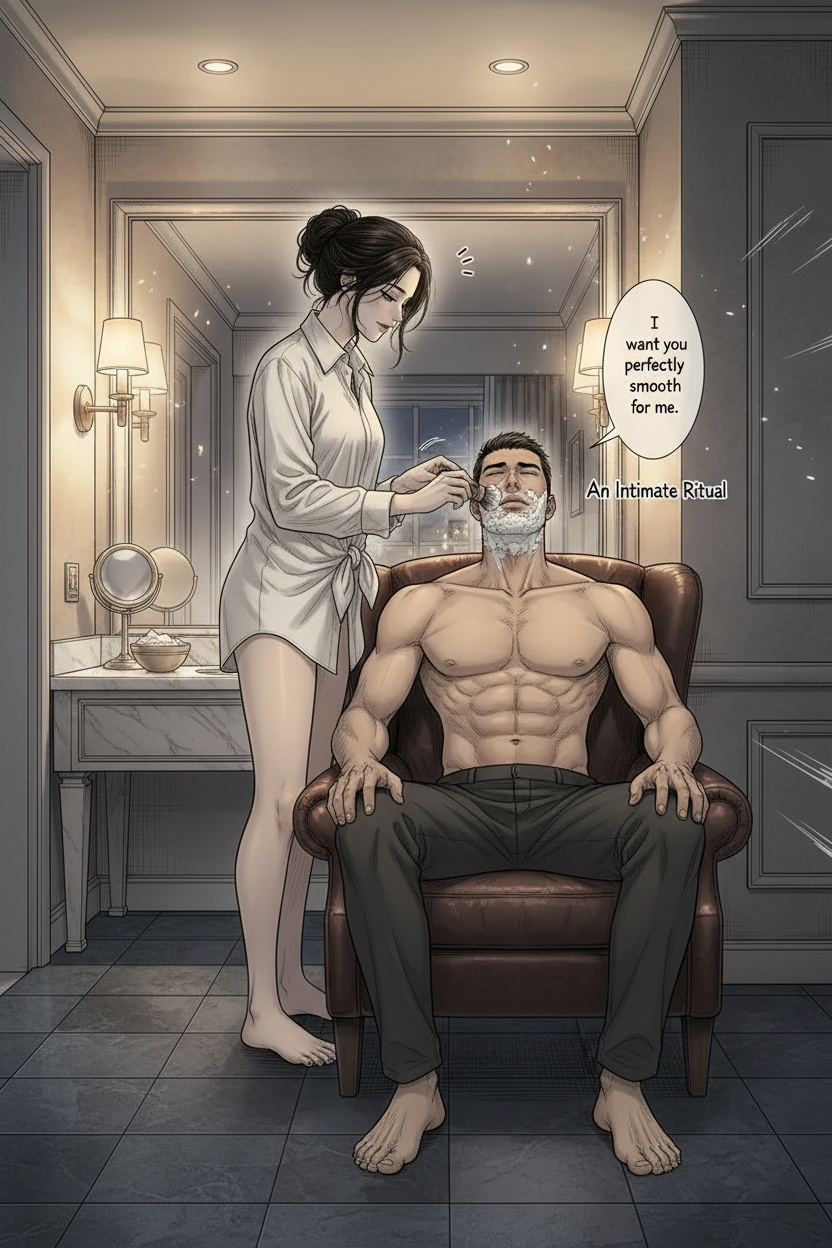 ONE SINGLE PANEL
Quiet elegant hotel bathroom at night.
Warm amber light reflected softly in the mirror, faint city lights visible beyond the doorway to the bedroom.
Sandrine stands calmly beside a seated man in a leather chair, preparing a traditional wet shave with quiet concentration. The man is shirtless.
She wears an oversized white shirt loosely tied at the waist, sleeves rolled slightly upward, barefoot against the cool tile floor.
The man sits relaxed beneath her attention, head tilted slightly back.
A shaving brush and straight razor rest beside a bowl of shaving foam on the counter.
Sandrine’s expression is focused, affectionate, quietly authoritative — fully absorbed in the intimate ritual of preparing him carefully.
The atmosphere feels ceremonial, intimate, and emotionally charged and sexual.
Subtle implication that she is grooming and preparing him intentionally for her own pleasure later.
Soft reflections in the mirror, cinematic shadows, elegant manga realism.
ONE speech bubble only:
The woman says: “I want you perfectly smooth for me.”