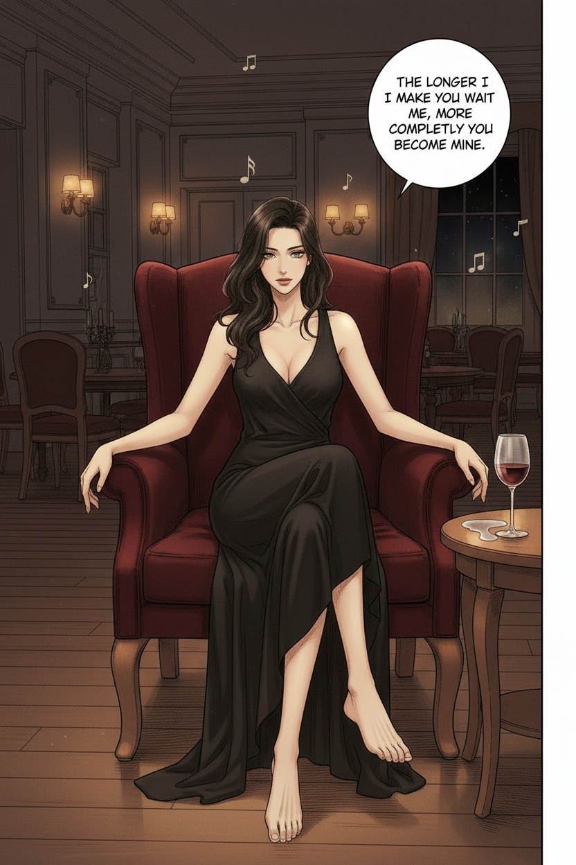 ONE SINGLE PANEL
Quiet rainy evening hotel lounge.
Soft jazz plays under warm amber light while the room has almost completely emptied for the night.
Sandrine sits alone in a deep velvet chair barefoot, elegant black dress slightly loosened after a long evening together.
A half-finished glass of wine rests beside her while one bare foot curls slowly beneath her on the chair.
She studies the viewer with calm intelligence and quiet possessiveness, fully aware that anticipation itself has become part of his conditioning.
The atmosphere feels intimate, decadent, psychologically overwhelming, and deeply private.
NO explicit violence
NO explicit anatomy
NO graphic sexuality
ONE speech bubble only. She says:
“The longer I make you wait for me, the more completely you become mine.”