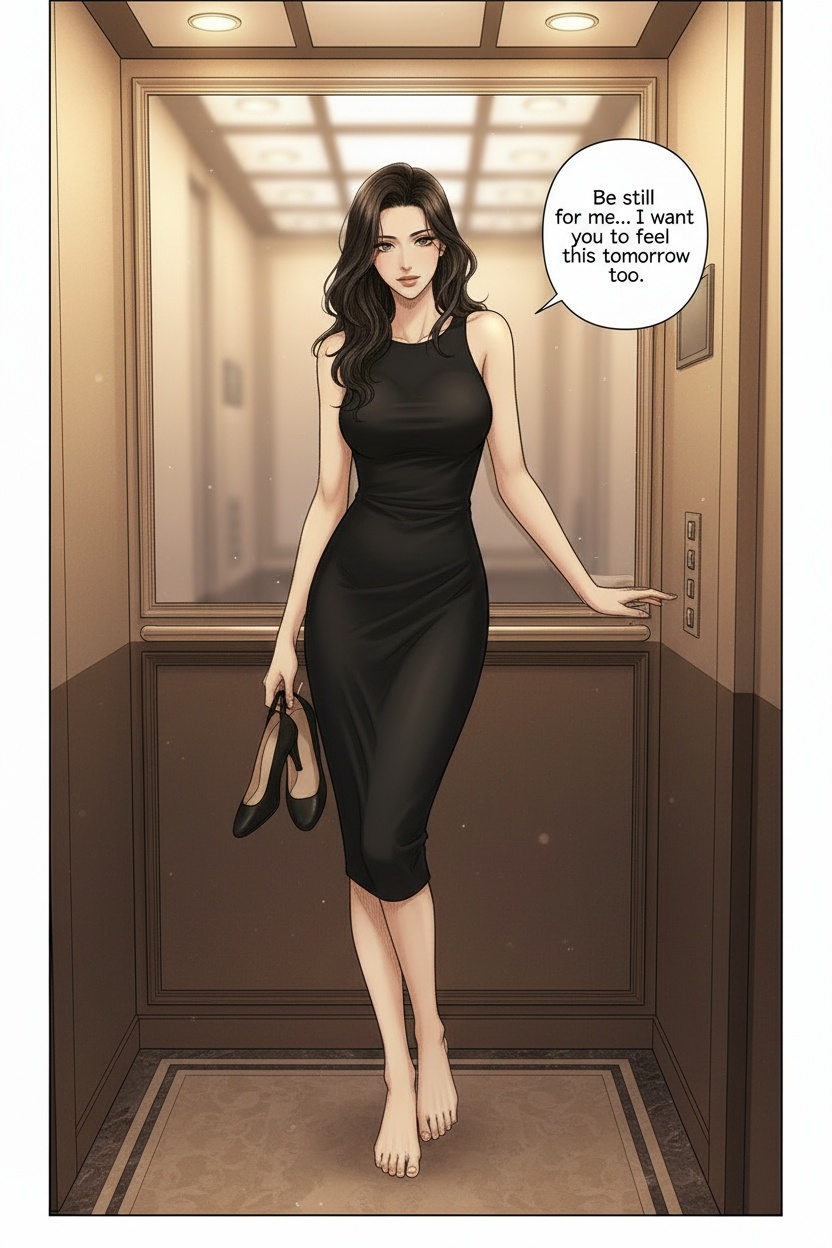 ONE SINGLE PANEL
Quiet hotel elevator late at night.
Soft golden light reflects in the mirrored walls as the elevator descends slowly after dinner.
Sandrine stands close beside the viewer in an elegant black dress, barefoot in one hand after removing her heels.
She leans lightly against the wall, calm and relaxed after wine and intimacy.
One hand rests casually against the viewer’s beltline just out of sight, her expression completely composed while she studies his reaction carefully.
The confined silence of the elevator makes every movement feel amplified.
The atmosphere feels intimate, teasing, and psychologically overwhelming.
NO explicit violence
NO explicit anatomy
NO graphic sexuality
ONE speech bubble only. She says:
“Be still for me… I want you to feel this tomorrow too.”