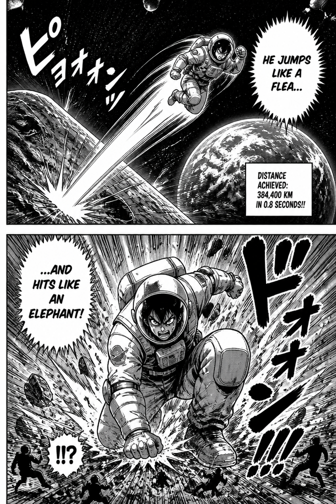 A space man went as far jumping like a flea and powerful like an elephant.