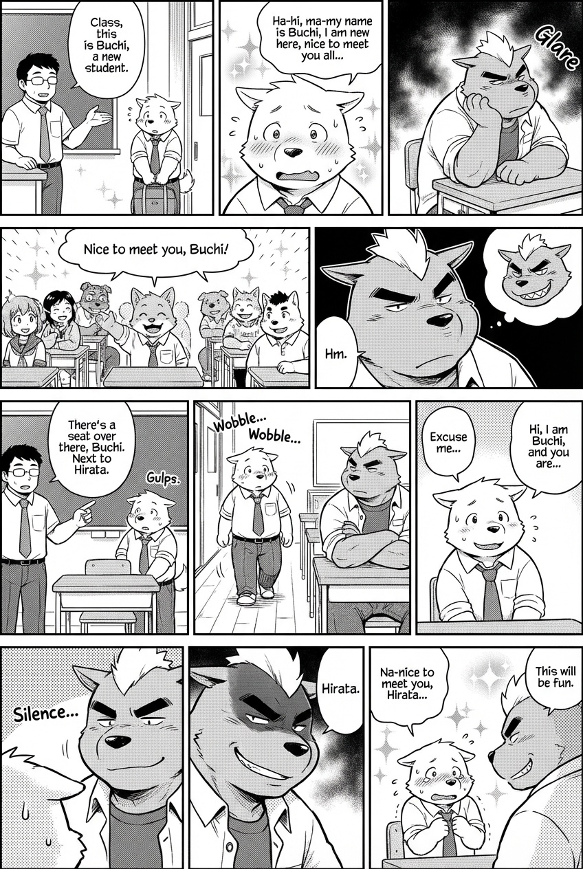 in the school, today is the opening day, the small guy is new here, introduced by the teacher of the class, he is cute but also shy and introverted. he hopes to have new friends here."Ha-hi, ma-my name is Buchi, I am new here, nice to meet you all...", he said shyly and reluctantly, eberyone seems to be k with this new guy, except one guy in the back of the class room. his name is Hirata, everyone knows he is a big bully type of guy in this school, and nobody wants to be with him, and he surrisingly noticed Buchi the new small cute guy. but he is super manly and look scary. there is no seat in the room left except the next to Hirata so the teacher told Buchi to be friends with Hirata. so Buchi slowly walks to the empty seat where Hirata is sitting. he sits down, and greets Hirata and asked for his name."Hi, I am Buchi, and you are...". Hirata gave the athetic subtle smirk on his face with the silence at first. and then he just said intimidatingly: "Hirata.", with the look that he gave Buchi the pathetic look subtly telling that he is going to do a ot of bad things to him in his mind, and Buchi is just sitting there, feeing intimidated and said:"na-nice to meet you, Hirata..." and hirata just kept staring at Buchi while Buchi is trying to not make any eye contact with his intiidating look