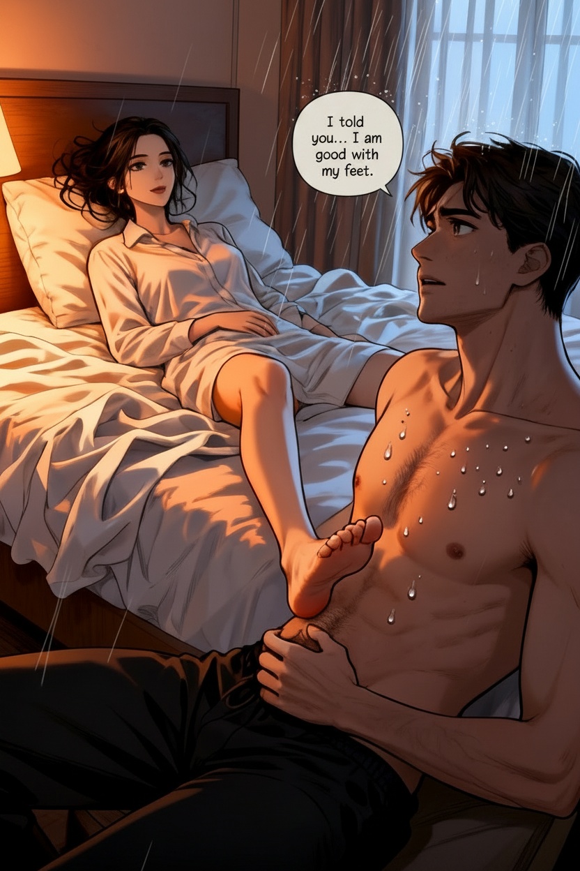 ONE SINGLE PANEL
Quiet late-night hotel bedroom.
Warm amber bedside light reflecting softly across white sheets while rain moves faintly against the windows.
Sandrine reclines comfortably against the headboard in an oversized white shirt, one knee raised beneath the blanket.
One bare foot rests lightly against the man’s chest near his collarbone while he lies beside her looking up at her with visible effort to remain composed.
She watches his reaction carefully with calm confidence and a faint amused smile — completely aware of the effect she is having.
The contact feels intimate, teasing, and deeply familiar between them now.
The room is quiet except for the rain and their breathing.
NO explicit sexuality
NO nudity
NO explicit anatomy
NO fetish exaggeration
ONE speech bubble only. She says:
“I told you… I am good with my feet.”