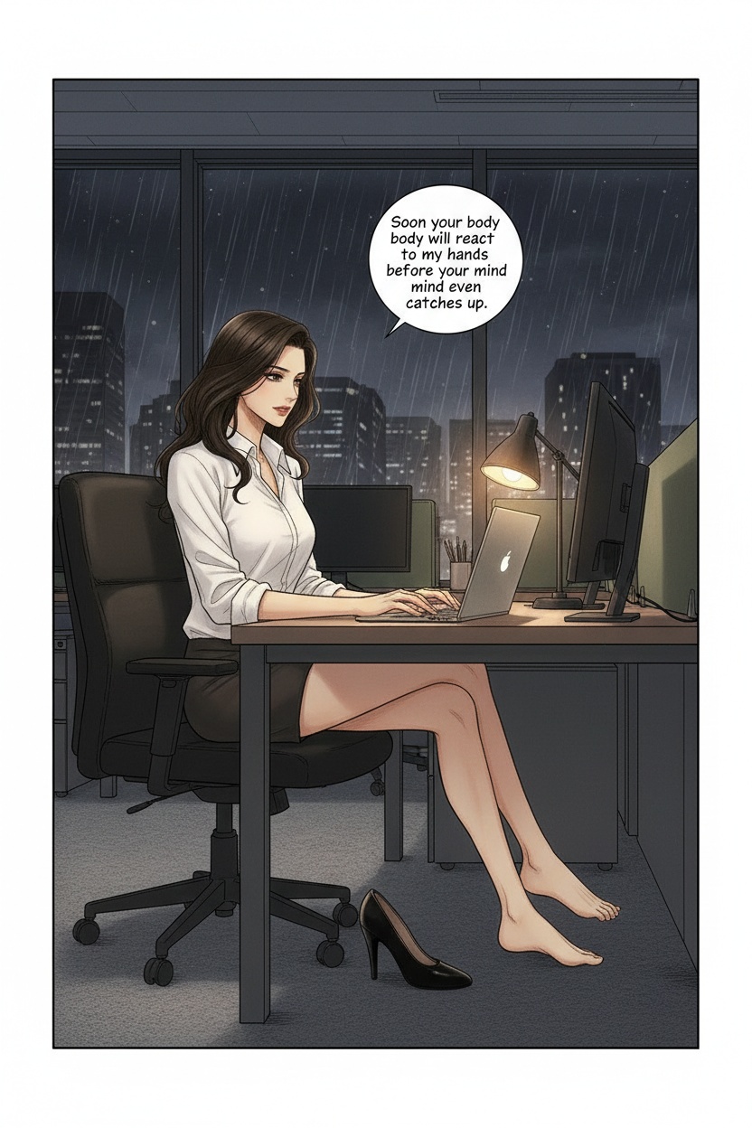 ONE SINGLE PANEL
Quiet rainy evening office after everyone else has left.
Soft desk lamp light glows against glass walls and dark computer screens.
Sandrine sits alone behind her laptop in a white blouse with the sleeves rolled loosely upward, one heel slipped off beneath the desk.
She types slowly while rereading her own message with calm fascination and faint private amusement.
Her bare foot flexes absently against the carpet as though imagining the exact conditioned response she wants from him.
The atmosphere feels intelligent, intimate, and psychologically overwhelming through restraint rather than explicitness.
NO explicit violence
NO explicit anatomy
NO graphic sexuality
ONE speech bubble only. She says:
“Soon your body will react to my hands before your mind even catches up.”
