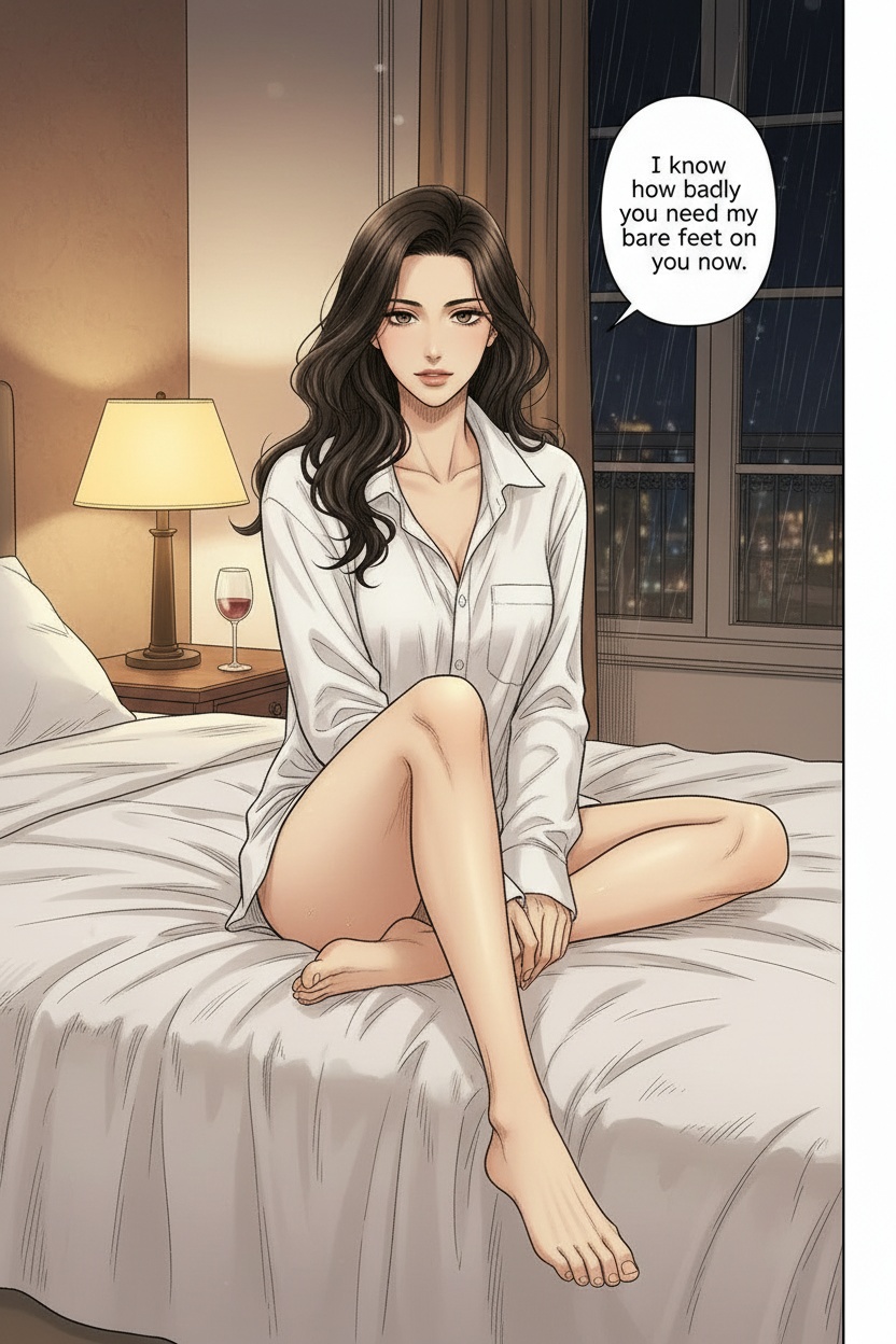 ONE SINGLE PANEL
Quiet rainy evening hotel room.
Soft amber bedside light reflects warmly across tangled sheets and the muted glow of the city outside the window.
Sandrine sits alone cross-legged near the center of the bed in an oversized white shirt, barefoot, dark hair falling loosely around her shoulders.
One bare foot extends slowly toward the foreground, toes flexing absently against the sheets as though already imagining his reaction.
Her expression is calm, affectionate, and quietly fascinated by how deeply conditioned his desire for her has become.
A half-finished glass of wine rests forgotten beside her.
The atmosphere feels intimate, psychologically consuming, and deeply private rather than explicit.
NO explicit violence
NO explicit anatomy
NO graphic sexuality
ONE speech bubble only. She says:
“I know how badly you need my bare feet on you now.”