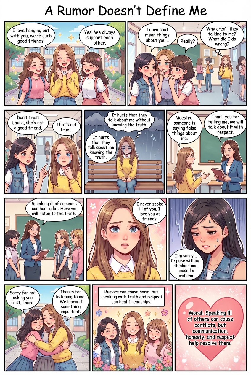Título del cómic
“Un rumor no define quién soy”
Personajes
Laura: niña amable, tranquila y buena amiga
Elizabeth: compañera que inicia el conflicto
Amigas del grupo
Maestra (figura mediadora)
Historia dividida en viñetas (escenas)
Viñeta 1: La amistad
Patio de la escuela primaria
Laura aparece jugando y riendo con su grupo de amigas.
Laura:
—Me gusta mucho estar con ustedes, somos muy buenas amigas.
Amiga:
—¡Sí! Siempre nos apoyamos.
Viñeta 2: El cambio
Salón de clases
Elizabeth está hablando en secreto con otras niñas.
Elizabeth (susurrando):
—Laura dijo cosas feas de ustedes…
Amiga (confundida):
—¿De verdad?
Viñeta 3: El rumor
Pasillo de la escuela
Las amigas comienzan a alejarse de Laura.
Laura (pensando):
—¿Por qué ya no me hablan? ¿Qué hice mal?
Viñeta 4: El conflicto
Recreo
Laura escucha a Elizabeth hablando mal de ella.
Elizabeth:
—No confíen en Laura, ella no es buena amiga.
Laura (triste):
—Eso no es verdad…
Viñeta 5: El dolor
Baño o banca del patio
Laura está sola, con expresión triste.
Laura (pensamiento):
—Me duele que hablen de mí sin conocer la verdad.
Viñeta 6: Pedir ayuda
Salón de clases
Laura se acerca a la maestra.
Laura:
—Maestra, alguien está diciendo cosas falsas sobre mí.
Maestra:
—Gracias por decirlo, vamos a hablarlo con respeto.
Viñeta 7: La verdad
Reunión del grupo
La maestra reúne a las niñas.
Maestra:
—Hablar mal de alguien puede lastimar mucho. Aquí escucharemos la verdad.
Laura:
—Yo nunca hablé mal de ustedes. Las quiero como amigas.
Viñeta 8: Reflexión
Elizabeth con expresión de arrepentimiento
Elizabeth:
—Lo siento… hablé sin pensar y causé un problema.
Viñeta 9: Perdón y aprendizaje
Patio
Las amigas vuelven a estar juntas.
Amiga:
—Perdón por no preguntarte antes, Laura.
Laura:
—Gracias por escucharme. Aprendimos algo importante.
Viñeta 10: Final
Todas juntas
Narrador:
—Los rumores pueden causar daño, pero hablar con la verdad y respeto puede sanar las amistades.
Mensaje del cómic (puede ir al final)
Moraleja:
Hablar mal de los demás puede causar conflictos, pero la comunicación, la honestidad y el respeto ayudan a resolverlos.