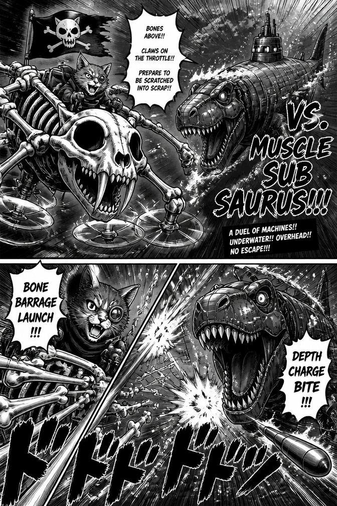 Hovering bones manned by cat
Motorized dinosaur muscle submarine. A duel of machines