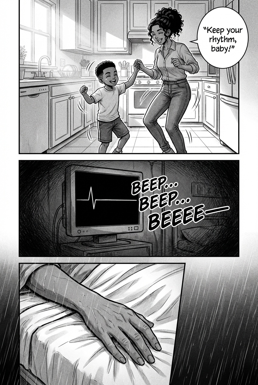 PAGE 2 — FLASHBACK (3 PANELS)
Panel 1:
Bright kitchen. Young Jay (5 years old) dancing with his mom.
Mom (laughing): “Keep your rhythm, baby!”
Panel 2:
Hospital room. Beeping monitor.
SFX: BEEP… BEEP… BEEEE—
Panel 3:
Her hand goes limp.
Rain transitions back to present.
ART STYLE
Black & white / grayscale only
Gritty manga texture
Light grain, soft motion blur