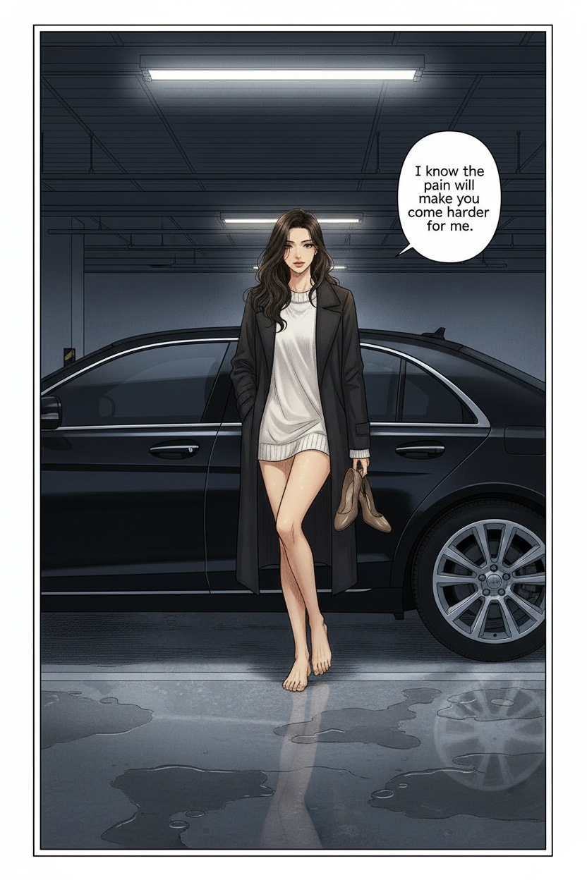 ONE SINGLE PANEL
Quiet underground parking garage beneath a hotel late at night.
Soft fluorescent lights reflect across wet concrete after the rain.
Sandrine leans alone against the passenger door of a black car, barefoot heels dangling loosely from one hand.
Her dark hair is slightly messy from the evening, elegant coat hanging open over an oversized sweater.
She looks directly toward the viewer with calm certainty and faint amused affection, fully aware of the effect the weekend continues to have on him physically.
One knee bends slightly as she shifts her weight against the car door, as though replaying private memories in her own mind.
The atmosphere feels intimate, psychologically consuming, and suspended outside normal reality despite the cold industrial setting.
NO explicit violence
NO explicit anatomy
NO graphic sexuality
ONE speech bubble only. She says:
“I know the pain will make you come harder for me.”