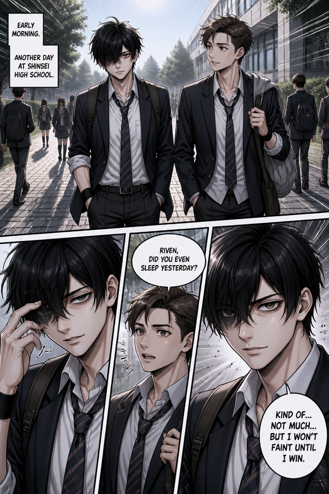 “Anime‑style teenage boy named Riven, the hero, 17 years old, medium black hair with one messy fringe over his left eye. Sharp but very tired eyes, light bags under them, sleepy expression like he just woke up. Athletic, fit body, looks like a gym and sports guy. Wears a neat school uniform: white shirt, dark blazer, striped tie. One sleeve slightly rolled up, thin black wristband on one wrist. He walks normally like other students, no wheelchair or stick, just looks exhausted from lack of sleep. Manga style, semi‑realistic, clean lines, soft shading, school pathway background.”
kaito best friend of riven,
Anime‑style teenage boy, 17 years old, short neat dark‑brown hair combed to the side, friendly eyes, relaxed smile. Medium height, athletic but not as intense as his friend Riven. Wears the same school uniform but with blazer slightly open on top. Casual vibe, maybe a hoodie hanging off his bag or over one shoulder. Looks like he had a normal night’s sleep, calm and supportive expression. Manga style, semi‑realistic, clean lines, school background, walking beside a very tired friend.”
Panel 1 (wide shot): Early morning at a school, a paved pathway with students walking. Two teenage boys walking toward school. The first boy, named Riven, looks very tired and sleepy but walks normally. He has medium black hair with one messy fringe over his left eye, light bags under his eyes, athletic build, neat school uniform with one sleeve rolled up and a thin black wristband. The second boy, named Kaito, looks relaxed and friendly, short neat dark‑brown hair, blazer slightly open, casual vibe, walking beside Riven.
Panel 2 (close‑up Riven): Riven’s sleepy face, eyes half‑open, hand lightly rubbing his temple, slight tired smile, backpack on his shoulder.
Panel 3 (Kaito worried): Kaito looking at Riven, slightly raised eyebrow, concerned expression. Speech bubble: ‘Riven, did you even sleep yesterday?’
Panel 4 (Riven determined): Riven looks straight ahead with calm, focused eyes, aura of quiet determination, slightly blurred background. Speech bubble: ‘Kind of… not much… but I won’t faint until I win.’