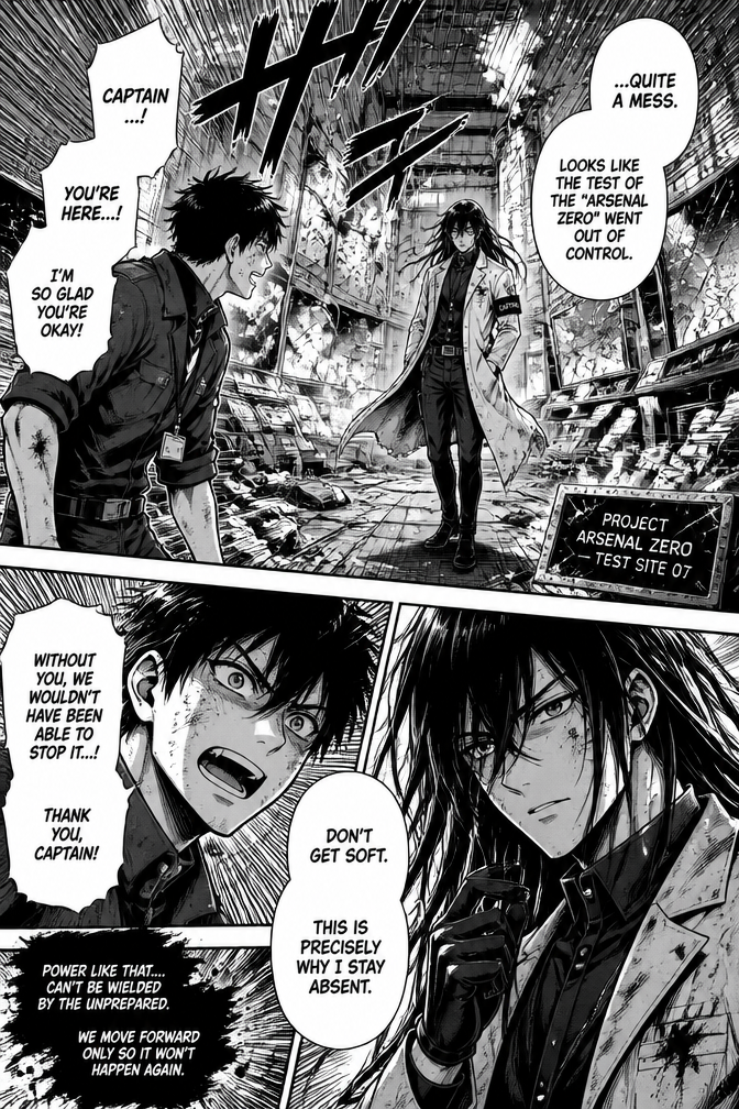 Two man long haired and short haired are colleges at the laboratory company and they are talking after severe damage happened after using strong weapon. Long haired is the captain who was absent and short haired is relieved he is here
