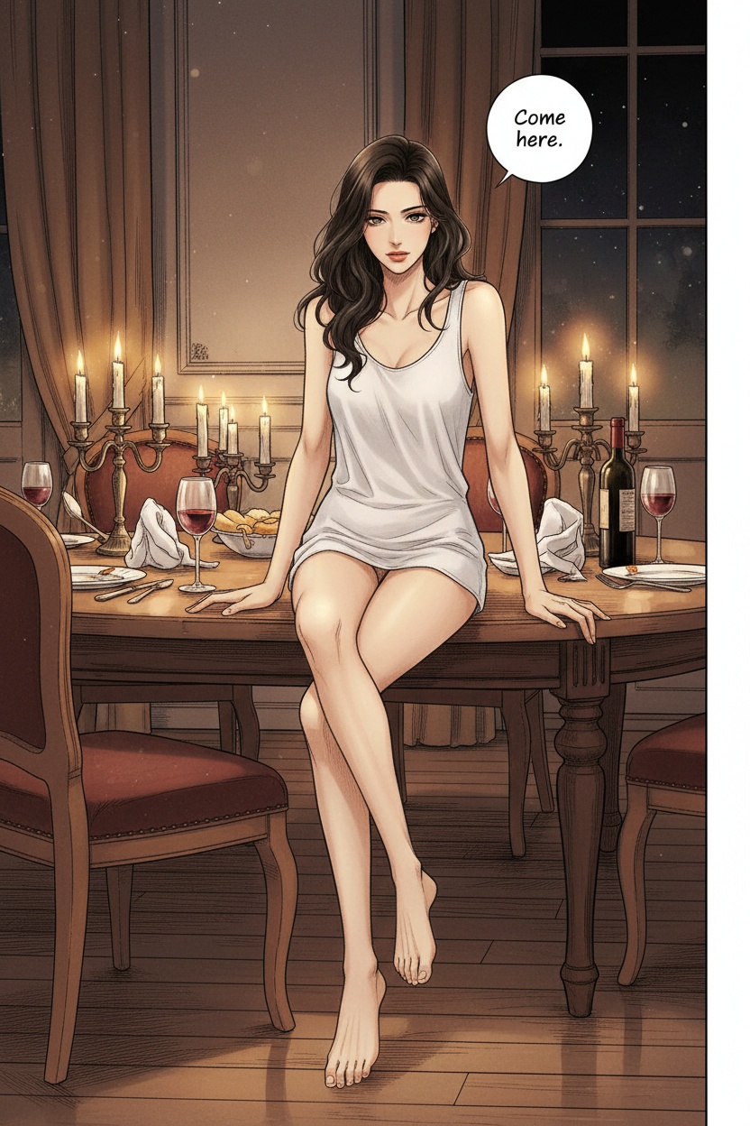 ONE SINGLE PANEL
Dimly lit hotel dining room late at night.
Most of the candles have burned low, leaving the room washed in warm amber light and deep shadows.
Sandrine sits on the edge of the dinner table itself, barefoot, wearing only a thin white tank top that falls softly over her hips.
Her legs are parted slightly and naturally as she leans back on her hands against the polished wood surface.
One bare foot brushes lightly against the chair beside the table while the other hangs just above the floor.
She looks directly toward the viewer with unwavering attention — calm, inviting, quietly certain of what she wants.
Half-finished wine glasses, scattered plates, and an open bottle remain on the table around her, suggesting the evening has slowly transformed into something more intimate.
The atmosphere feels intensely anticipatory, emotionally charged, and impossible to misunderstand without becoming explicit.
NO explicit anatomy
NO explicit sexual acts
NO graphic nudity
ONE speech bubble only. She says:
“Come here.”