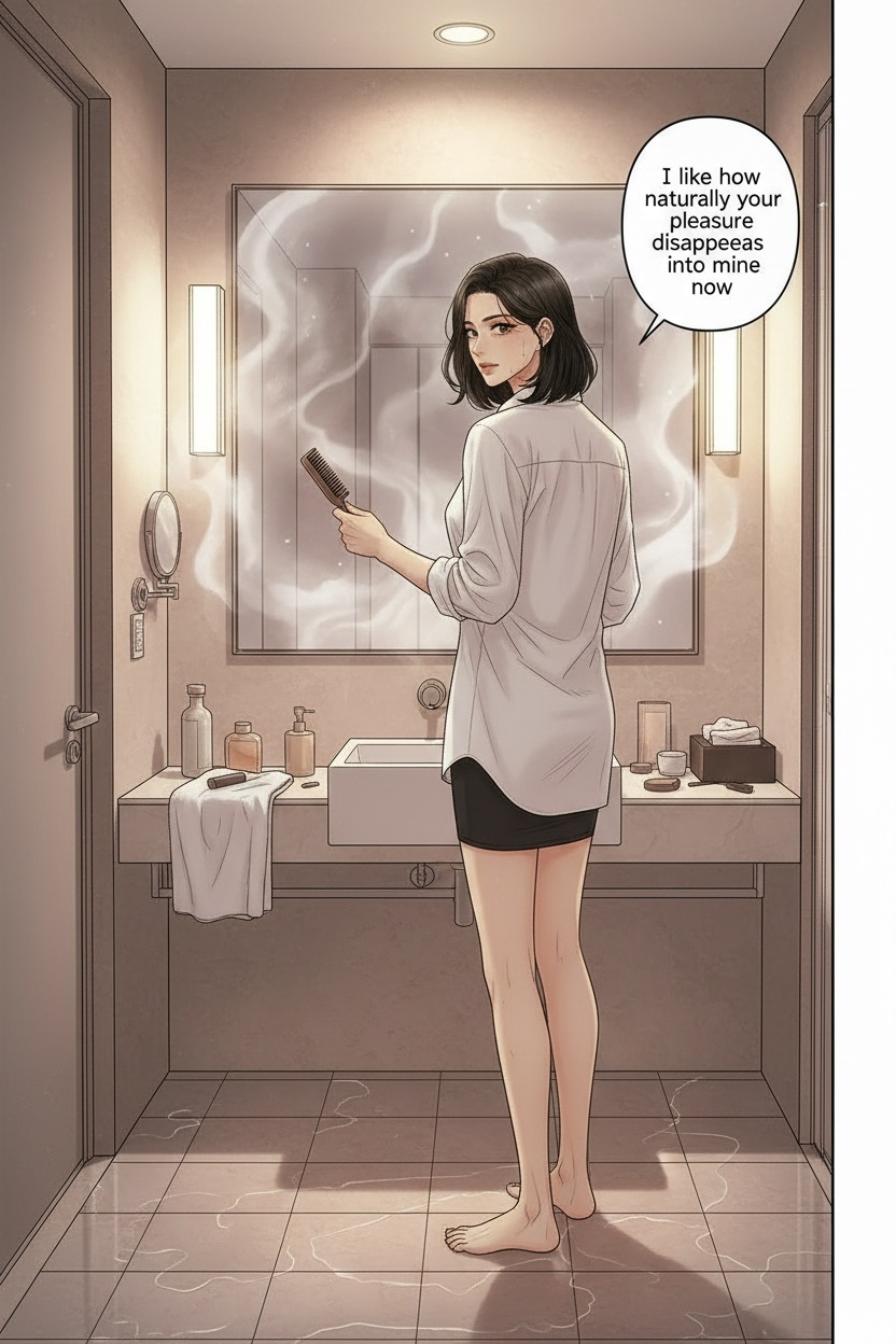 ONE SINGLE PANEL
Quiet hotel bathroom after midnight.
Steam still lingers softly across the mirror after a shower.
Sandrine stands alone barefoot at the sink in an oversized white shirt brushing her damp bob haircut slowly while looking toward the viewer through the reflection.
Warm amber light glows softly across wet tiles and scattered cosmetics.
Her expression is calm, affectionate, and quietly proud of the emotional and physical devotion she has cultivated in him.
The atmosphere feels intimate, psychologically consuming, and deeply private.
NO explicit anatomy
NO explicit sexuality
NO graphic nudity
ONE speech bubble only. She says:
“I like how naturally your pleasure disappears into mine now.”