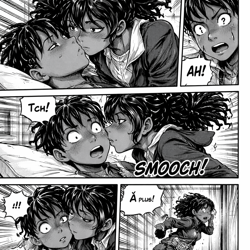 Un garcon africain kelassa s’efondre en plein cours mais une fille se porte volontaire pour aller à l’infirmerie arriver l’infirmière leur donnent une cabine et la elle essai de l’embrasser mais il sevielle apres ca elle rougi et donne un bisou sur la joue de kelsassa. Aureli s’enfui en rougissant