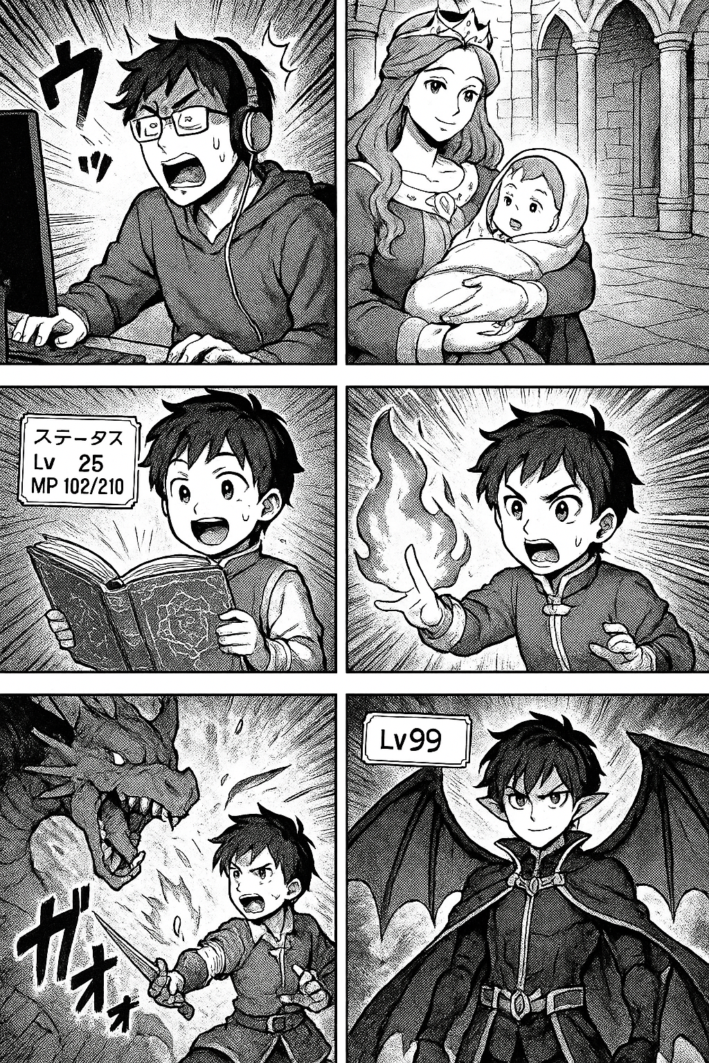 Panel 1:
Gamer at computer dies
Panel 2:
Baby held by queen in castle
Panel 3:
Young prince with magic book
Panel 4:
Prince summoning fire magic
Panel 5:
Prince fighting dragon
Panel 6:
Prince becomes demon king