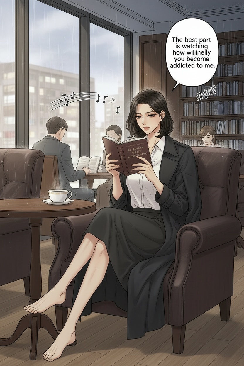 ONE SINGLE PANEL
Quiet rainy afternoon bookstore café.
Muted light filters through tall windows while jazz plays softly in the background.
Sandrine sits alone in a leather chair barefoot beneath a long black coat, elegant white blouse slightly open at the collar.
Her short dark bob frames her face sharply while she reads a French novel with calm concentration.
A coffee cools untouched beside her while she glances toward the viewer above the edge of the page with quiet possession and faint private amusement.
The atmosphere feels intellectual, intimate, psychologically consuming, and deeply private.
NO explicit anatomy
NO explicit sexuality
NO graphic nudity
ONE speech bubble only. She says:
“The best part is watching how willingly you become addicted to me.”