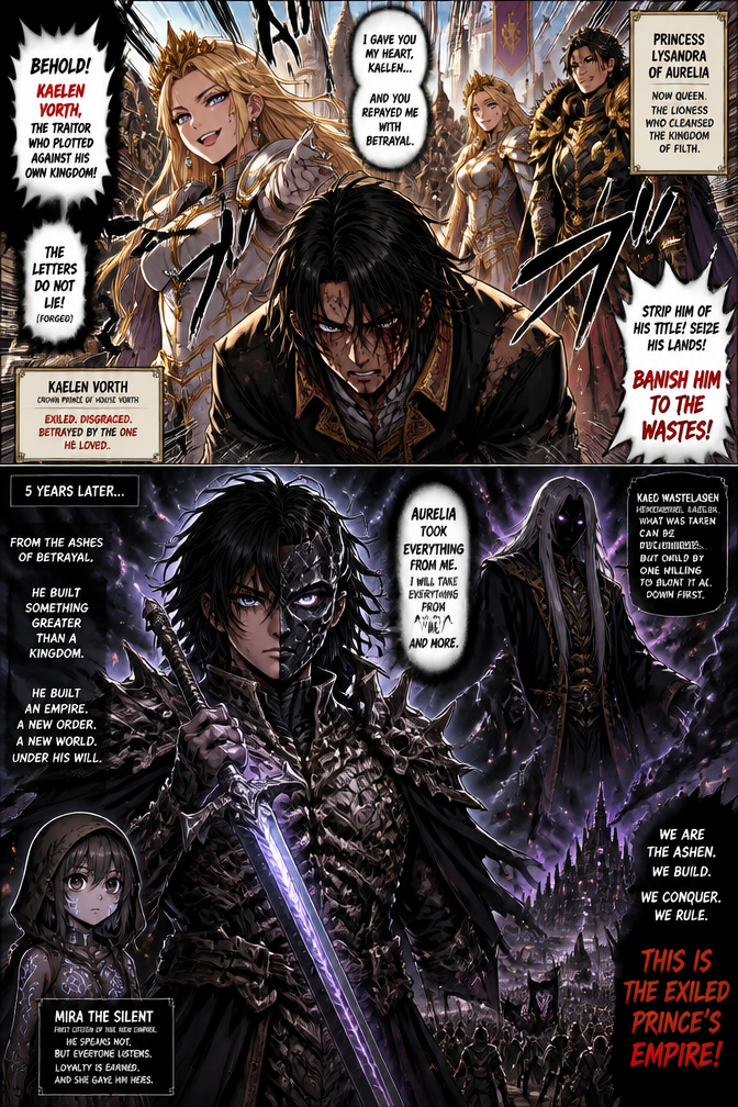 MANGA TITLE: THE EXILED PRINCE'S WASTELAND EMPIRE
Genre: Dark Fantasy, Political Revenge, Kingdom Building, Action
Theme: Betrayal transforms love into ambition. A wasteland becomes a throne.
MAIN CHARACTERS
1. KAELEN VORTH (18 → 28)
Before: Kind, idealistic, loyal son of a minor noble house. Loved the kingdom of Aurelia more than himself.
After: Cold, calculating, scarred. Wears a half-mask over the left side of his face (burned by the betrayal). Speaks softly but commands absolute authority.
Visual: Long dark hair, piercing silver-blue eyes. Wasteland armor made from bone and ancient alloy. Carries a sword that glows faintly with "Void-steel" (the wasteland's treasure).
2. THE MYSTERY MAN – "Kaelos the Ashen" (Age unknown)
Visual: Tall, unnaturally still. Wears tattered but once-royal robes. Eyes are completely black with small white pupils. Carries no weapon but wields "Architect's Knowledge" – the lost arts of governance, war, and engineering.
Truth: He was the last king of a fallen wasteland civilization that was destroyed by greed. He saved Kaelen not out of kindness, but because he saw the same fury he once had.
3. PRINCESS LYSANDRA OF AURELIA (Antagonist)
Visual: Golden hair, beautiful, porcelain smile. Wears white and gold armor.
Role: She was Kaelen's fiancée. She betrayed him publicly, revealing his "secret letters" (forged) to the king. She now rules Aurelia after marrying the corrupt general.
4. THE ADVISOR – "Mira the Silent" (Side character)
Visual: A mute wasteland scavenger girl with glowing ritual tattoos. First citizen of Kaelen's new kingdom. Represents his ability to inspire loyalty.