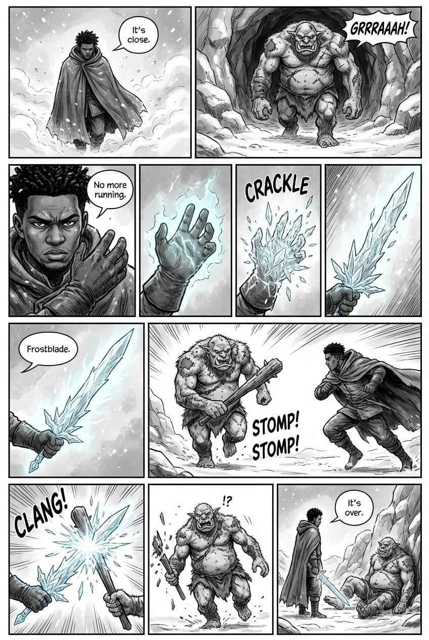 Black male using ice magic to form a sword to fight a troll