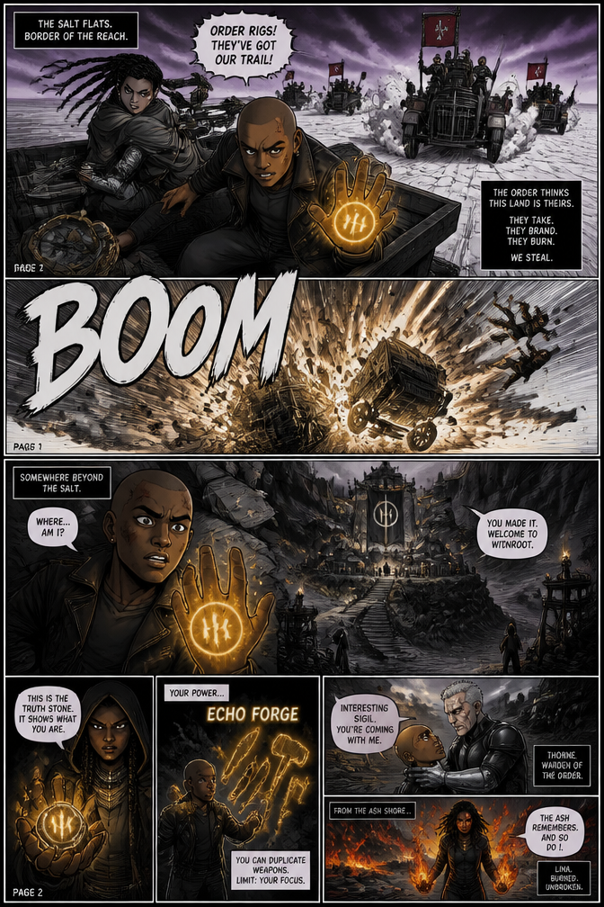 Manga for SHATTERED SIGIL, American Western fantasy. NO Japanese elements: no kimonos, no katanas, no kanji, no honorifics. American art style (Arcane/Castlevania). Left to right reading. Black and white with gold for Sigils only.
Characters: SANTOS (17, brown skin, shaved head, leather jacket, cracked brass compass, left hand glows gold with circle/three broken lines symbol). ZARIA (19, dark braids, bronze skin, ironwood prosthetic left arm, poncho, crossbow). KAL (18, pale with vitiligo, dreadlocks, throwing knives). THORNE (45, silver buzz cut, scarred face, black armor, silver gauntlet). LINA (24, burn scars, fire hands). CORSO (67, one blind eye, cane, Null).
Setting: Salt Flats (white cracked earth, purple sky), Ironwood Reach (black trees, moss), Black Citadel (stone fortress).
Chapter 1 plot: Santos and Zaria smuggle cargo across salt flats, chased by Order rigs. Explosion. Santos wakes with glowing Sigil on hand. Reaches rebel base. Truth Stone reveals power: Echo Forge (duplicates weapons). Thorne captures him. Lina emerges from Ash Shore.
180 pages. English text only. Sound effects in English (BOOM, CRACK, WHOOSH). American spellings.