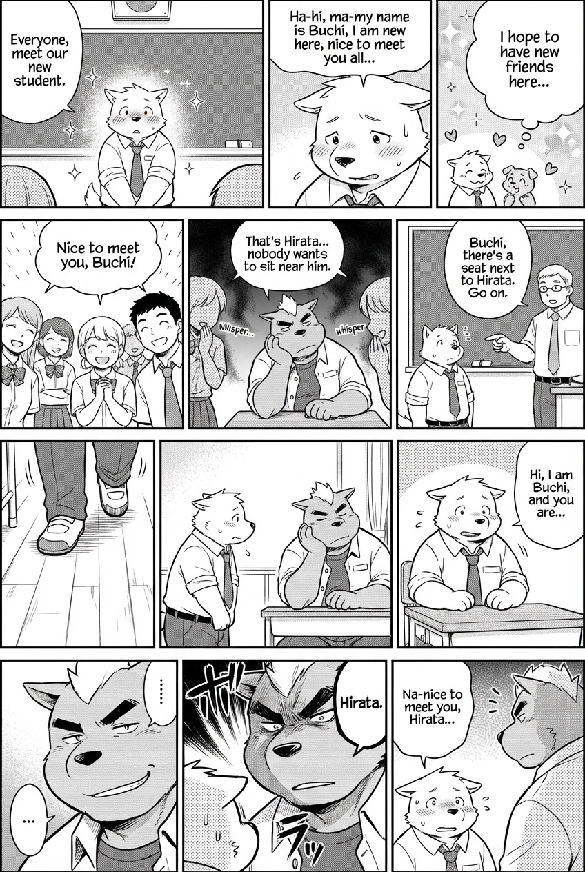 in the school, today is the opening day, the small guy is new here, introduced by the teacher of the class, he is cute but also shy and introverted. he hopes to have new friends here."Ha-hi, ma-my name is Buchi, I am new here, nice to meet you all...", he said shyly and reluctantly, eberyone seems to be k with this new guy, except one guy in the back of the class room. his name is Hirata, everyone knows he is a big bully type of guy in this school, and nobody wants to be with him, and he surrisingly noticed Buchi the new small cute guy. but he is super manly and look scary. there is no seat in the room left except the next to Hirata so the teacher told Buchi to be friends with Hirata. so Buchi slowly walks to the empty seat where Hirata is sitting. he sits down, and greets Hirata and asked for his name."Hi, I am Buchi, and you are...". Hirata gave the athetic subtle smirk on his face with the silence at first. and then he just said intimidatingly: "Hirata.", with the look that he gave Buchi the pathetic look subtly telling that he is going to do a ot of bad things to him in his mind, and Buchi is just sitting there, feeing intimidated and said:"na-nice to meet you, Hirata..." and hirata just kept staring at Buchi while Buchi is trying to not make any eye contact with his intiidating look