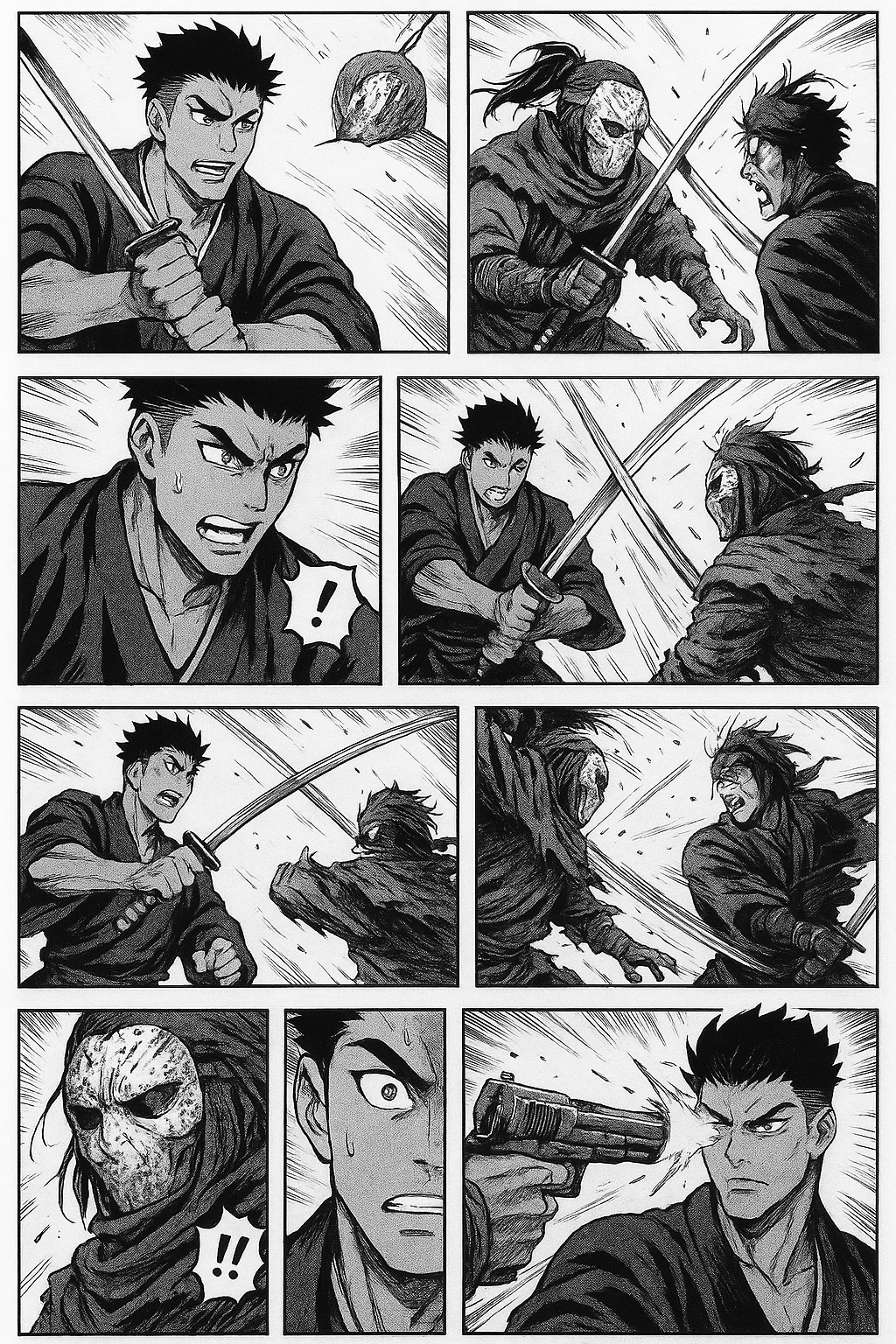 The two characters engage in a sword/katana fight. One of them shoots the other in the head with a gun.