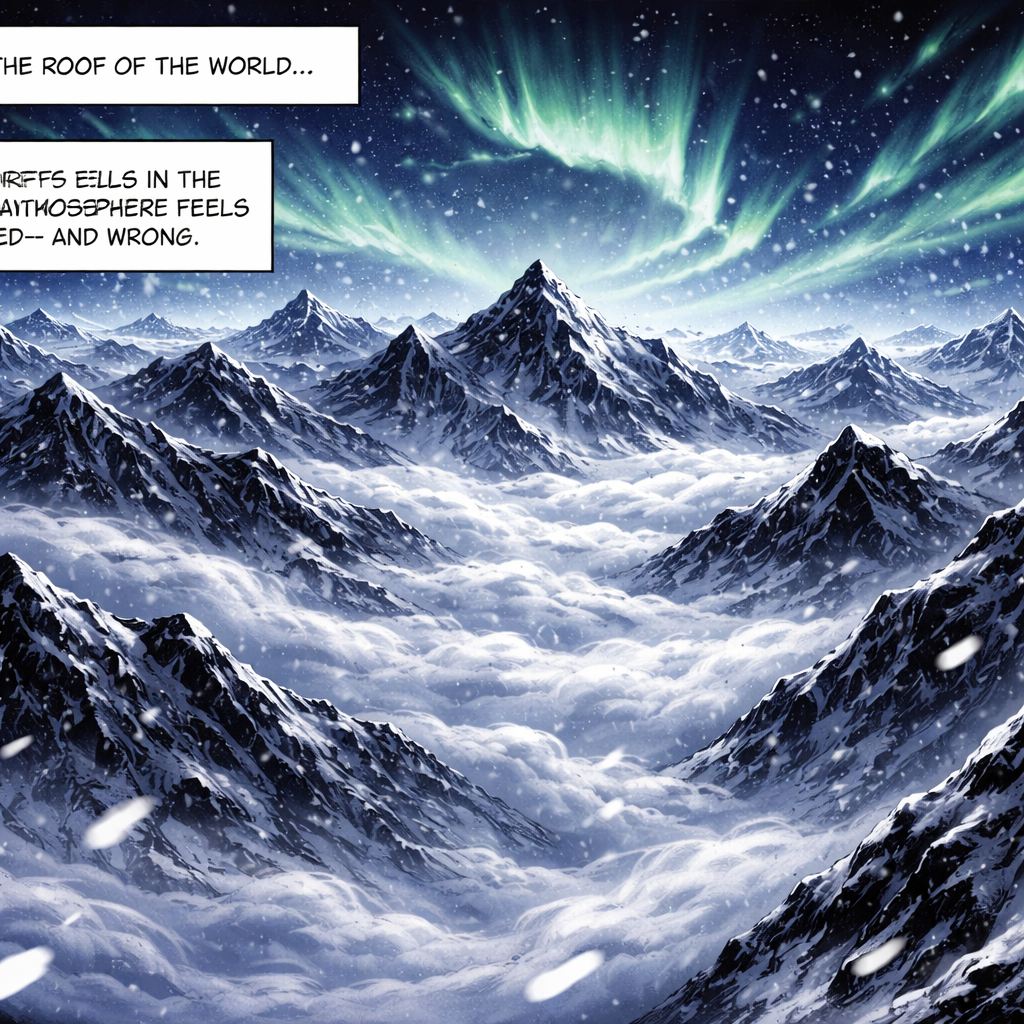 PAGE 1 — OPENING SPLASH (Atmosphere First)
Panel 1 (Full-width horizontal splash)
A sweeping view of the Himalayan range at night. Endless jagged peaks rise above a glowing sea of clouds. Northern lights twist slowly across the sky.
Narration (top left, small, thin box):
At the roof of the world…
Snow drifts heavily in the wind. The atmosphere feels sacred — and wrong.