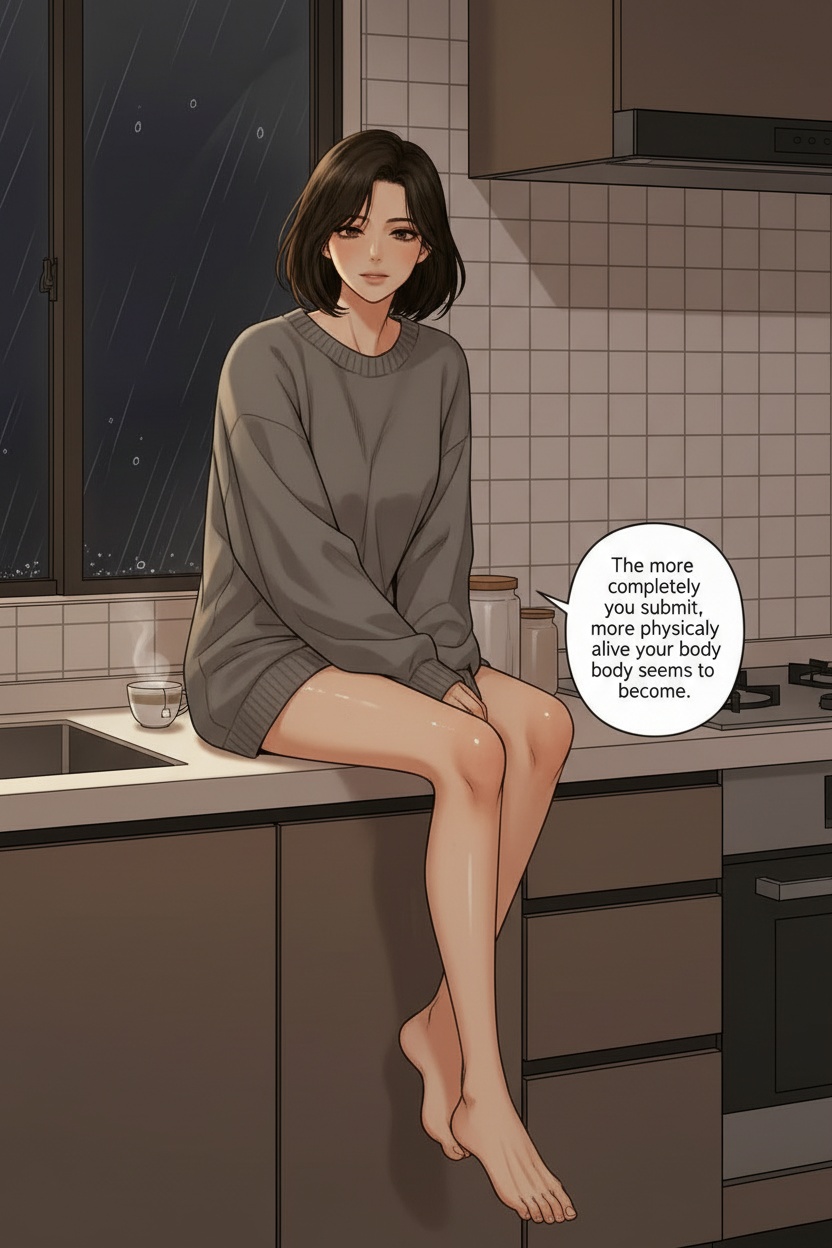 ONE SINGLE PANEL
Quiet modern kitchen at 2 a.m.
Only the stove light remains on while rain taps softly against dark windows.
Sandrine sits alone barefoot on the kitchen counter in an oversized grey sweater, one leg dangling lazily while the other folds beneath her.
Her short dark bob is slightly messy from exhaustion and intimacy, expression calm, reflective, and quietly affectionate.
A cup of tea cools beside her while she studies the viewer with growing understanding of the effect she has on him.
The atmosphere feels intimate, deeply lived-in, psychologically consuming, and emotionally real.
ONE speech bubble only. She says:
“The more completely you submit, the more physically alive your body seems to become.”