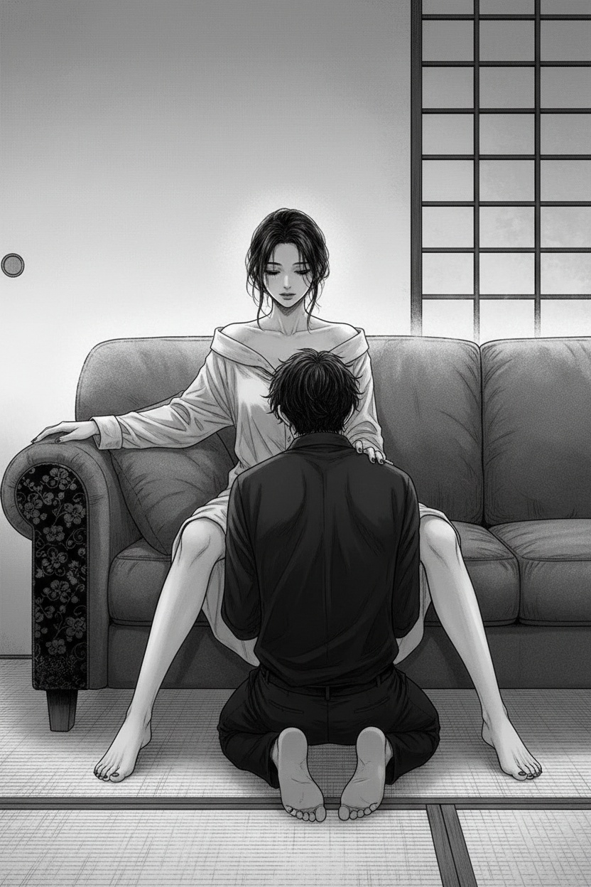 seinen manga style, black and white, soft grayscale shading, cinematic lighting
ONE SINGLE PANEL ONLY
quiet intimate interior, late evening atmosphere, soft lamp light
a composed elegant woman sitting relaxed in a large chair or sofa, legs spread wide.
she wears an oversized shirt slipping slightly off one shoulder, barefoot, relaxed posture
The man between her legs, kneeling low in front of her
his face is not visible, only the position of his shoulders and posture imply intimate devotion
the woman leans back slightly with one hand resting calmly on the armrest, the other lightly touching the man’s hair or shoulder
her facial expression composed, absorbed, quietly affected, eyes half closed
focus on emotional intimacy, trust, surrender, and psychological tension
cinematic composition, elegant shadows, tasteful manga realism