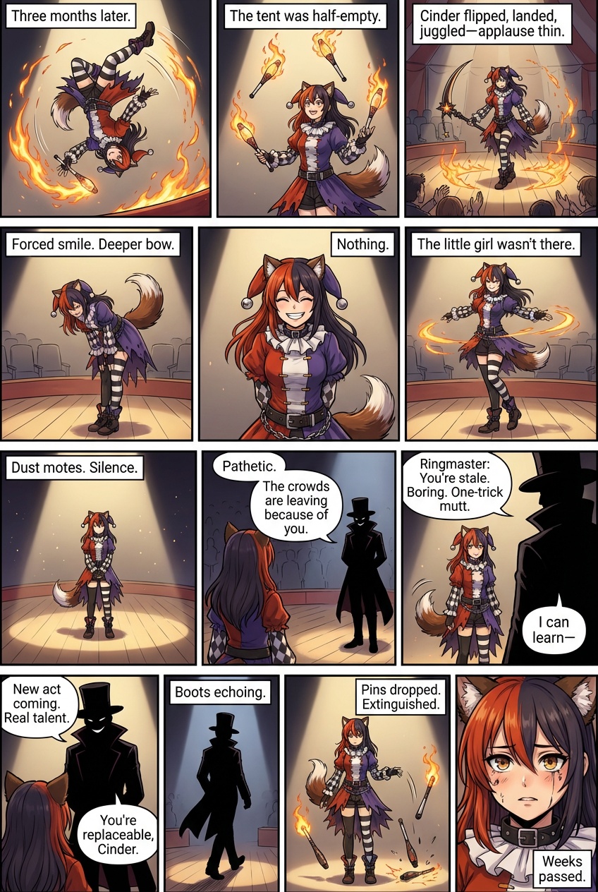 it needs to be in color Part Two: The Decline
Three months later.
The tent was half-empty.
Cinder flipped through the air, landed perfectly, juggled the flaming pins with the same precision—but the applause was thin. Scattered. A few polite claps from the families who’d bothered to show up.
She forced her smile wider. Bowed deeper. Added an extra spin.
Nothing.
The little girl who used to sit in the front row wasn’t there anymore.
After the show, Cinder stood alone in the center ring, staring at the empty seats. Dust motes floated through the fading spotlight. The silence pressed against her ears.
"Pathetic."
She turned.
The Ringmaster stood at the edge of the ring, face shadowed, arms crossed.
"Sir, I—"
"The crowds are leaving because of you." the ring master said His voice was cold. Sharp. "You’re stale. Boring. A one-trick pony—or should I say, one-trick mutt."
Her tail tucked instinctively. "I can learn new tricks. I’ll practice harder—"
"I’ve already made arrangements." He turned away. "There’s a new act coming. Someone with real talent."
The words hit like a punch to the gut.
"You’re replaceable, Cinder. Don’t forget that."
He walked away, boots echoing on the wooden floor.
Cinder stood frozen, flames still flickering on the pins in her hands.
Slowly, she let them drop.
They clattered to the ground, extinguished.
Weeks passed.