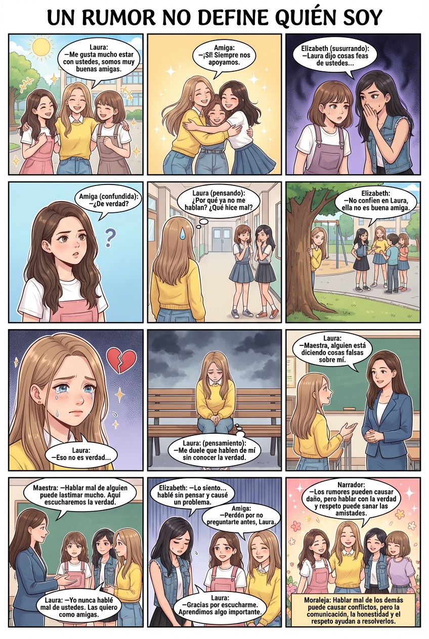 Título del cómic
“Un rumor no define quién soy”
Personajes
Laura: niña amable, tranquila y buena amiga
Elizabeth: compañera que inicia el conflicto
Amigas del grupo
Maestra (figura mediadora)
Historia dividida en viñetas (escenas)
Viñeta 1: La amistad
Patio de la escuela primaria
Laura aparece jugando y riendo con su grupo de amigas.
Laura:
—Me gusta mucho estar con ustedes, somos muy buenas amigas.
Amiga:
—¡Sí! Siempre nos apoyamos.
Viñeta 2: El cambio
Salón de clases
Elizabeth está hablando en secreto con otras niñas.
Elizabeth (susurrando):
—Laura dijo cosas feas de ustedes…
Amiga (confundida):
—¿De verdad?
Viñeta 3: El rumor
Pasillo de la escuela
Las amigas comienzan a alejarse de Laura.
Laura (pensando):
—¿Por qué ya no me hablan? ¿Qué hice mal?
Viñeta 4: El conflicto
Recreo
Laura escucha a Elizabeth hablando mal de ella.
Elizabeth:
—No confíen en Laura, ella no es buena amiga.
Laura (triste):
—Eso no es verdad…
Viñeta 5: El dolor
Baño o banca del patio
Laura está sola, con expresión triste.
Laura (pensamiento):
—Me duele que hablen de mí sin conocer la verdad.
Viñeta 6: Pedir ayuda
Salón de clases
Laura se acerca a la maestra.
Laura:
—Maestra, alguien está diciendo cosas falsas sobre mí.
Maestra:
—Gracias por decirlo, vamos a hablarlo con respeto.
Viñeta 7: La verdad
Reunión del grupo
La maestra reúne a las niñas.
Maestra:
—Hablar mal de alguien puede lastimar mucho. Aquí escucharemos la verdad.
Laura:
—Yo nunca hablé mal de ustedes. Las quiero como amigas.
Viñeta 8: Reflexión
Elizabeth con expresión de arrepentimiento
Elizabeth:
—Lo siento… hablé sin pensar y causé un problema.
Viñeta 9: Perdón y aprendizaje
Patio
Las amigas vuelven a estar juntas.
Amiga:
—Perdón por no preguntarte antes, Laura.
Laura:
—Gracias por escucharme. Aprendimos algo importante.
Viñeta 10: Final
Todas juntas
Narrador:
—Los rumores pueden causar daño, pero hablar con la verdad y respeto puede sanar las amistades.
Mensaje del cómic (puede ir al final)
Moraleja:
Hablar mal de los demás puede causar conflictos, pero la comunicación, la honestidad y el respeto ayudan a resolverlos.
EN ESPAÑOL
