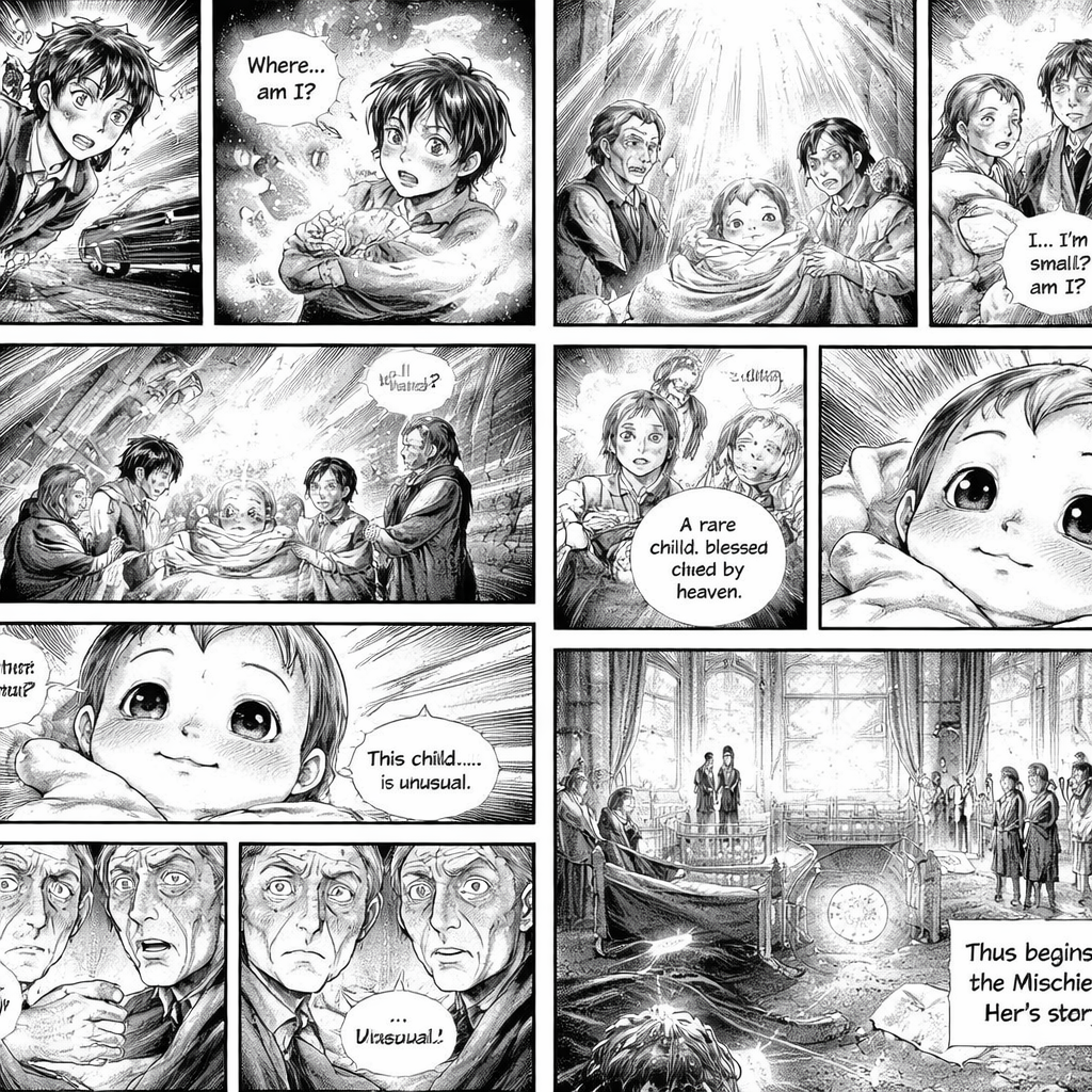A teenage boy walking on a city street, car approaching fast, shocked expression, motion blur, dramatic manga style, black & white, high tension, cinematic angle”
Teen floating in darkness surrounded by swirling light, ethereal energy around him, confused expression, thought bubble: ‘Where… am I?’ manga style, black & white, mystical aura”
Baby boy reborn in luxurious noble family chamber, wrapped in blanket, soft expression, parents holding him proudly, elders watching in awe, manga style, black & white, light beams from ceiling”
“Close-up of baby’s face, curious wide eyes, thought bubble: ‘I… I’m small? Where am I?’ manga style, black & white, cute mischievous expression”
Golden aura shining around baby’s chest and forehead, light rays from above, soft glowing effect, elders and parents amazed, manga style, black & white, cinematic lighting, divine atmosphere”
Mother smiles holding baby, father stands proudly, elders whispering in background, manga style, black & white, soft shading, dialogue bubble: ‘A rare child, blessed by heaven’”
Close-up of baby’s tiny smirk, mischievous eyes, looking at parents and elders, manga style, black & white, subtle humorous expression, thought bubble: ‘Heh… I wonder what fun I can have here’”
Wide shot of noble chamber, sunlight streaming through windows, baby in crib, parents and elders around, soft shadows, manga style, black & white, cinematic composition”
Glowing small orb or artifact on shelf near baby, faint magical aura, baby reaching toward it curiously, manga style, black & white, dynamic angle”
Close-up of elder faces, surprised and worried, manga style, black & white, subtle dramatic shading, thought bubble: ‘This child… is unusual’”
Tiny Qi energy pulse radiates from baby as he touches artifact, floating papers and scrolls in room, manga style, black & white, expressive energy lines, dynamic panel
Wide exterior shot of noble manor, morning sunlight, heavenly rays shining down on baby chamber, soft clouds, manga style, black & white, epic cinematic feel, caption: ‘Thus begins the Mischief Heir’s story’”