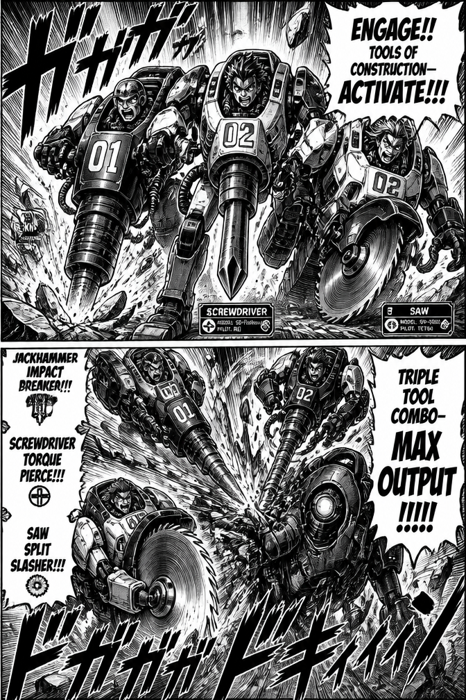 Manned jackhammers manned screw driver manned saw. Techno comic