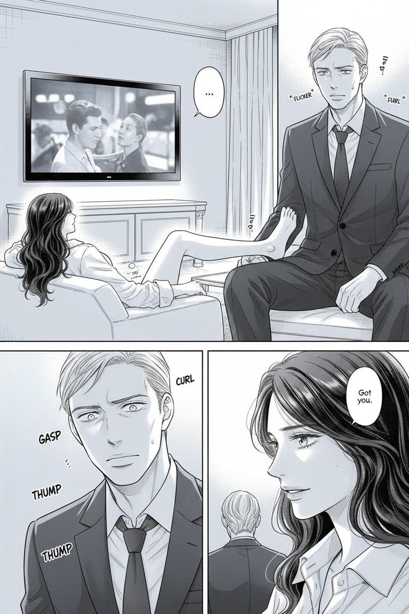 ONE SINGLE PANEL
Late-night hotel sofa.
Only the television illuminates the room softly with flickering blue light.
Sandrine lies stretched comfortably across the sofa in an oversized white shirt, watching a film with complete calm.
One bare foot rests lightly in the lap of a man sitting beside her, fully clothed and visibly trying to remain composed.
Without even looking away from the television, she slowly curls her toes slightly against him.
The man’s breathing and posture immediately change.
Sandrine notices the reaction from the corner of her eye with the faintest private smile.
The atmosphere feels domestic, intimate, teasing, and emotionally suspended.