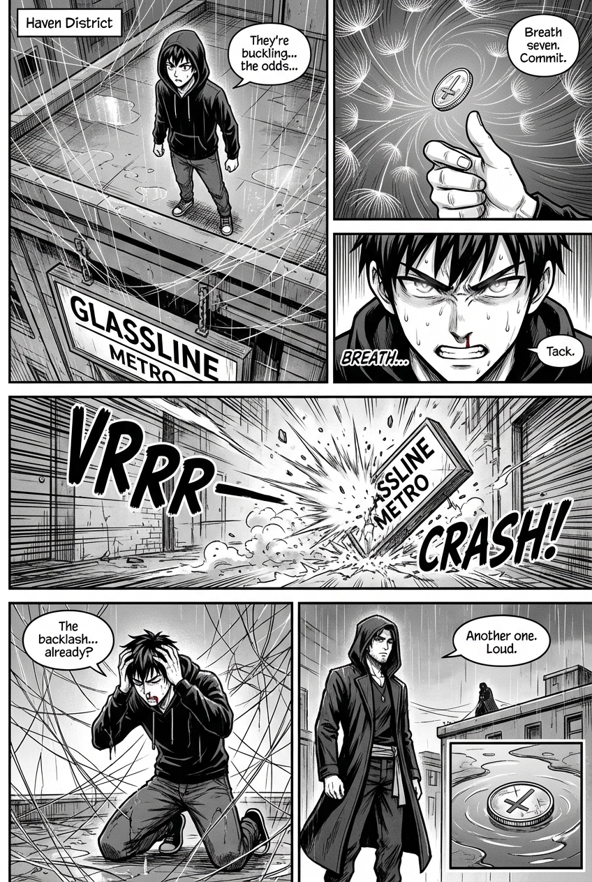 In a world where a few can bend probability through raw will, a quiet drifter named Kai Kurozawa discovers his gift isn’t luck—it’s a loaded weapon. Each choice twists the odds, but the universe charges interest.
SERIES BIBLE (Concise)
Power System — Will / Odds / Backlash
• Dwellers: Rare individuals who can impose Tacks (micro‐edits to probability) via focused Will.
• Odds: A visualized “grain” of reality; Dwellers sense vectors of likely outcomes as shimmering filaments.
• Tacks: Intentional nudges (“make that rope snap,” “let the bus be 8 seconds late”). Each Tack accrues Fate Friction—stress that rebounds later as Backlash (nosebleeds → fractures → catastrophic karmic events).
• Edges: Personal rituals or anchors (coin flips, mantras) that stabilize Will and reduce friction.
• Zeroshift (mythic tier, late series): A liminal state where Odds are a silent ocean and Will is a blade—do not reveal yet.
World
• Haven District: Port-city sprawl; rusted rooftops, market alleys, flooded underpass murals.
• Glassline Metro: Arteries of the city; reflective tunnels where odds feel “loud.”
• The Quiet: A rumored zone where Odds stop moving—foreshadowing endgame forces.
Factions
• Municipal Risk Office (MRO): Bureau that tracks statistical anomalies; polite on paper, predatory in practice.
• The Erased: Black-bag unit rumored to “remove” unstable Dwellers.
Recurring Antagonists
• Rael, “The Eraser”: Uncanny calm; his talent dampens other Dwellers’ Tacks in close range. He is the city’s whispered full stop.
• Anti-Kai (Kairo Tsukami): Never named on-page yet. Thematic opposite of Kai—fixes outcomes by stealing other people’s Will.
Themes
• Choice vs. inevitability, the cost of power, anonymity in crowds, the math of mercy.
VISUAL STYLE GUIDE (for art consistency)
• Line: Clean, high-contrast inks; thin outline on faces, heavy shadows on urban geometry.
• Tone: Filmic noir with sharp whites for the “Odds” filaments.
• Odds Visualization: Fine hairline threads and moiré patterns drifting off objects; when Kai focuses, threads bloom like dandelion seeds frozen mid-gust.
• SFX: Minimalist lettering, small caps with long em dashes for sustained sounds (e.g., VRRR—).
• Panel Rhythm: Quiet micro-panels for intention → explode into wide panels for consequence.
CAST (Core + Non-Dwellers — at least 5)
Kai Kurozawa (17)
• A drifter with a coin ritual. Soft voice, sharp eyes. Edge: Coin Flip.
• Quirk: Counts his breaths when deciding; breath 7 is commitment.
• Flaw: Terrified of being the cause.
Mei Arakawa (19) — Journalism student, street photographer. Non-Dweller.
• Brave to a fault; sees patterns in people. Keeps instant camera on wrist.
Jun “Switch” Tanaka (18) — Electronics stall kid; builds things from city trash. Non-Dweller.
• Grease smudges, perpetual grin, a tool roll like a scroll.
Aya Mori (20) — Med student volunteering at a night clinic. Non-Dweller.
• Steady hands; refuses to look away from ugly truths.
Inspector Haruto Ishii (34) — MRO field officer. Non-Dweller.
• Polite, dry, exhausted; catalogues “anomaly sites.”
Koji Nakamura (52) — Market grocer. Non-Dweller.
• Kind man, jokes in proverbs. (Mark as at risk in early arcs.)
Daichi (12) — Rooftop runner, orphan. Non-Dweller.
• Knows every shortcut; sells maps he draws by hand.
Rael (??) — “The Eraser.” Dweller.
• Neutral face; shoes make no sound. The city gets quiet when he arrives.
HIDDEN SEEDS in Chapter One
• Page 3: A passerby with a ring—three triangular prongs. Later revealed as an Erased marker.
• Page 17: Black van reflection in puddle (MRO plate pattern: 131-21).
• Page 28: Blank spot in Kai’s Odds vision (Rael’s signature dampening at distance).
• Final Page: A second coin in gutter, heads scratched with a thin inverted cross (Anti-Kai sigil—unexplained).
CHAPTER ONE: PAGE-BY-PAGE SCRIPT & STORYBOARD
Length: 36 pages (tankōbon pacing).
Goal: Introduce Kai, demonstrate low-tier Tack, show cost, hook with a moral pivot.