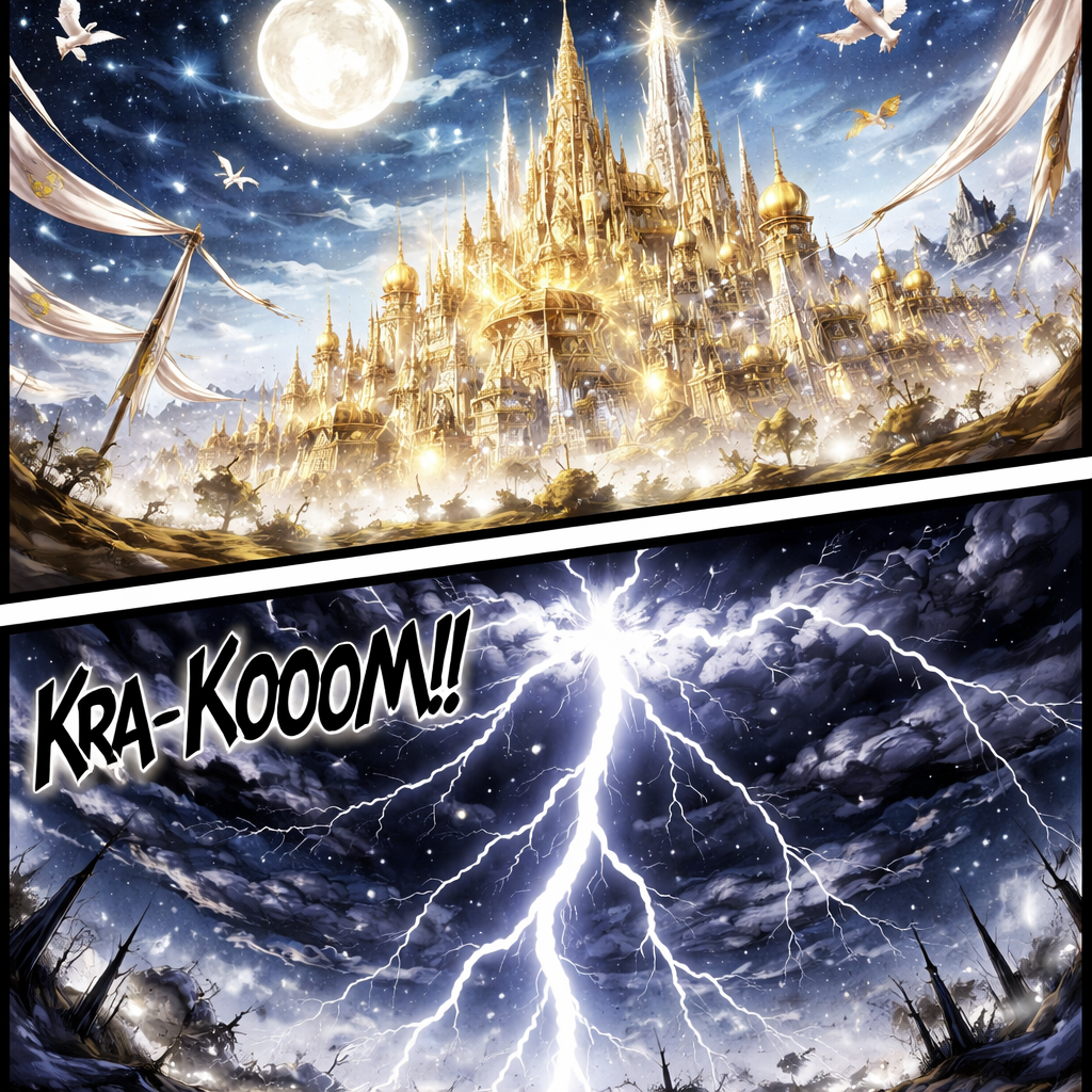 A magnificent golden kingdom glows beneath
the moonlight. Crystal towers pierce the heavens, and banners flutter in the wind suddenly, the sky darkness.
Thunder roars