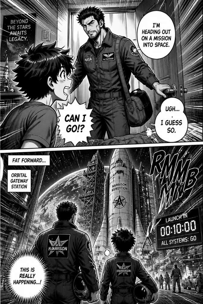 A step-dad comes into his step son's room and says he is going for a mission in space so the son says can I go and the dad says ugh I guess so then the fats forward to at the space station where they are about to takeoff