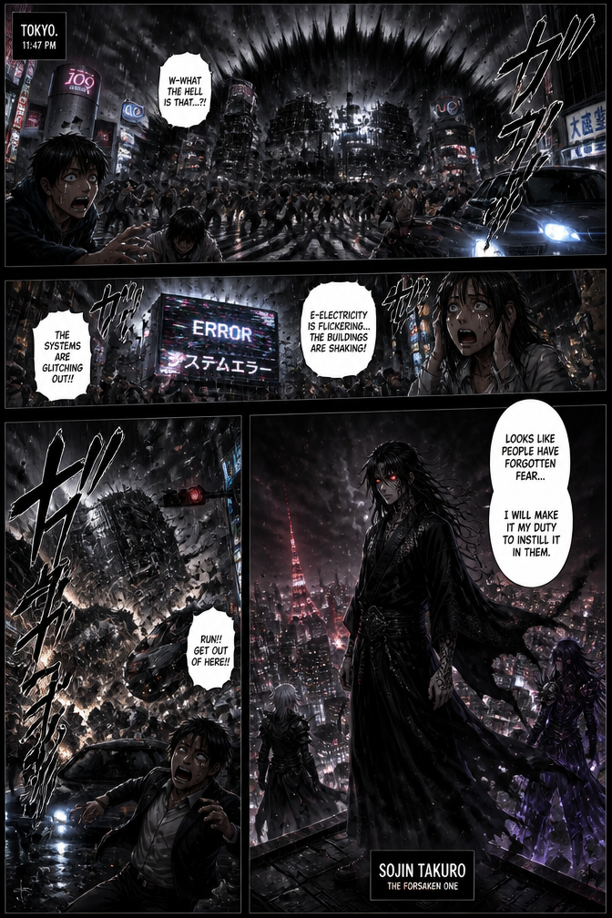 Create a dark cinematic manga page with 4 custom-sized readable panels set in rainy nighttime Tokyo as neon lights reflect across wet streets and the sky slowly turns pitch black while ash falls from above. Civilians panic as electronics glitch, streetlights flicker and buildings shake violently from a massive black shockwave erupting across the skyline. Windows shatter, cars crash and crowds run in terror. Final tall panel reveals Sojin Takuro standing on a skyscraper beside Karuga and Zerathora, overlooking the ruined city. He has pale skin covered in black markings, long black hair, glowing crimson eyes and flowing black robes while rain evaporates around him from his overwhelming Forsaken Aura. His expression is cold, calm and emotionless. Speech bubble: “Looks like people have forgotten fear… I will make it my duty to instill it in them.”