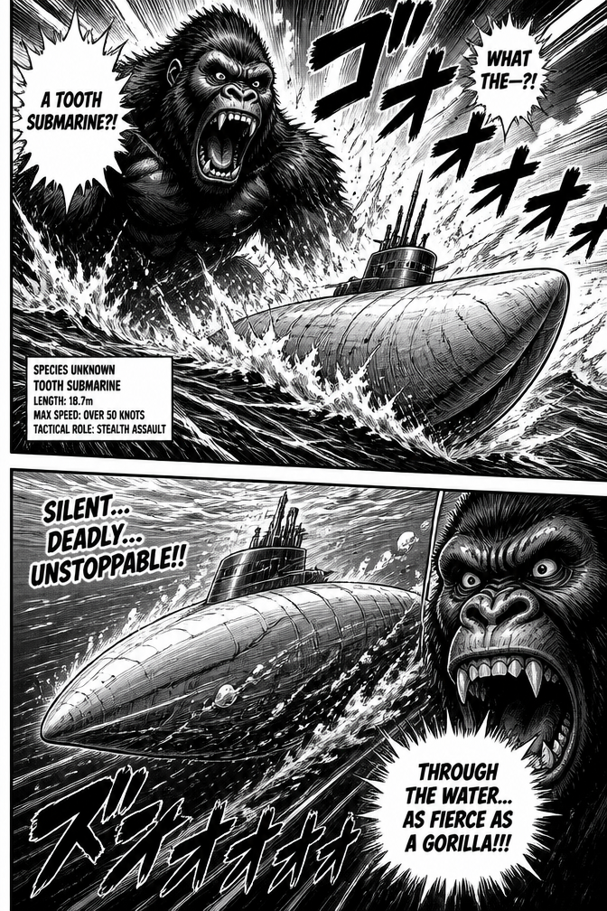 Animal teeth as submarine going through the water as fierce as a gorilla?