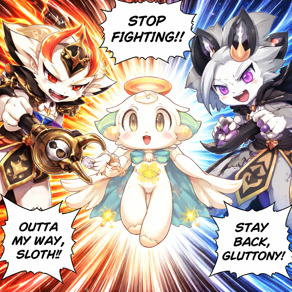 Encounter between the three characters:
BBB is the demon of Gluttony
Devilun is the demon of sloth
Kupyadel is the angel of love