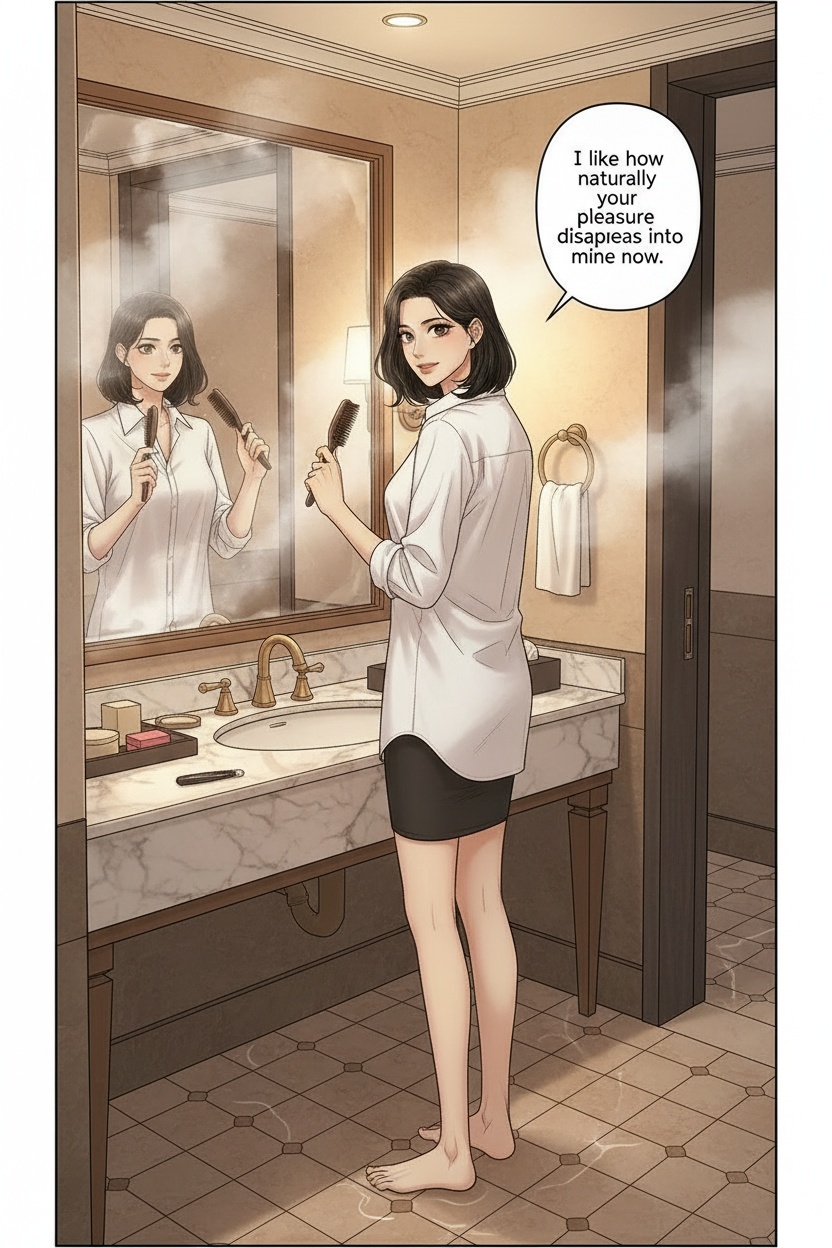 ONE SINGLE PANEL
Quiet hotel bathroom after midnight.
Steam still lingers softly across the mirror after a shower.
Sandrine stands alone barefoot at the sink in an oversized white shirt brushing her damp bob haircut slowly while looking toward the viewer through the reflection.
Warm amber light glows softly across wet tiles and scattered cosmetics.
Her expression is calm, affectionate, and quietly proud of the emotional and physical devotion she has cultivated in him.
The atmosphere feels intimate, psychologically consuming, and deeply private.
NO explicit anatomy
NO explicit sexuality
NO graphic nudity
ONE speech bubble only. She says:
“I like how naturally your pleasure disappears into mine now.”