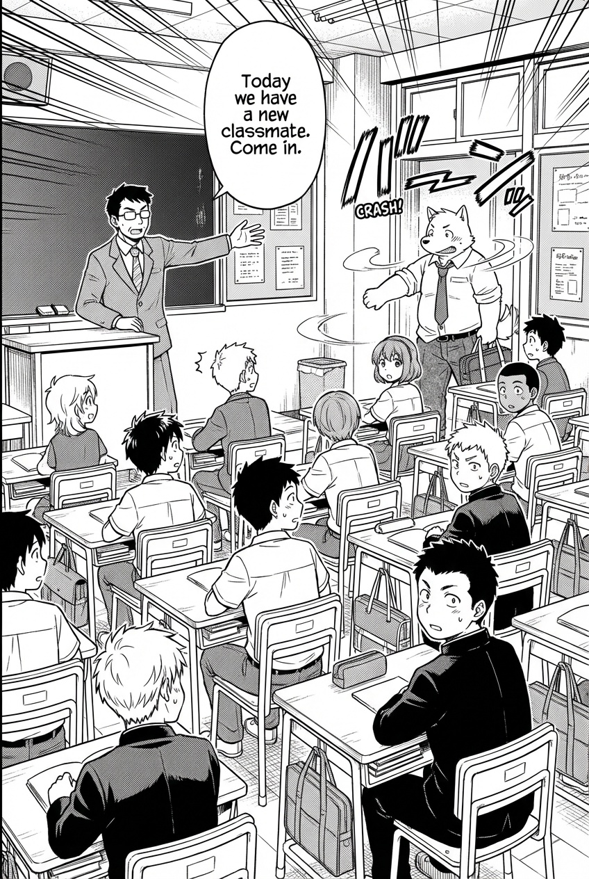 Inside classroom, teacher at front
- Medium-wide view of the classroom from the back.
- Teacher stands at the front next to the blackboard, one hand gesturing toward the character(the one in the image)
- Students are seated, some glancing curiously.
- Teacher speech bubble: “Today we have a new classmate. Come in.”
