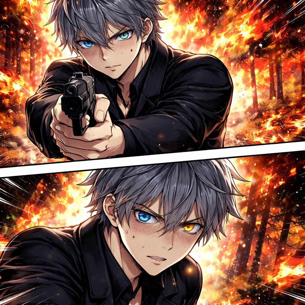 A young man with grey hair and blue-yellow iris eyes. He is wearing a black suit holding a gun and in the background the whole forest on fire. He is looking at us through his side eyes