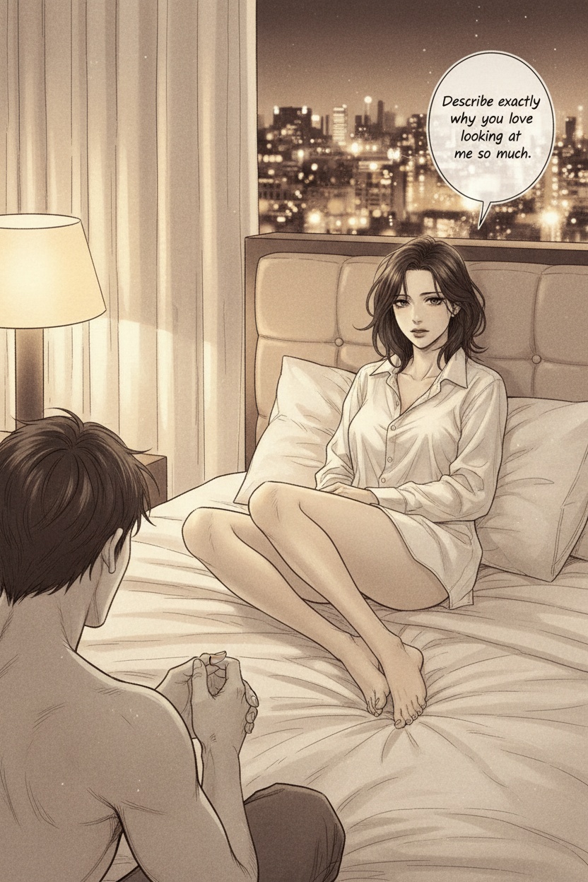 ONE SINGLE PANEL
Quiet late-night hotel bedroom.
Soft amber bedside lamp casting warm light across rumpled white sheets while the city glows faintly beyond the curtains.
Sandrine reclines comfortably against the headboard, oversized white shirt loosely draped around her body, dark hair slightly tousled from intimacy.
Her legs are parted naturally beneath the folds of the shirt and sheets, posed with complete calm confidence rather than explicitness.
One bare foot rests softly against the mattress near the foreground.
She looks directly toward the viewer with steady, attentive eyes — affectionate, curious, quietly aware of the effect she is having.
A man sits lower on the bed partly out of frame, posture tense and emotionally absorbed, clearly unable to look away from her.
The atmosphere feels intimate, psychologically intense, and deeply private.
NO explicit anatomy
NO explicit sexual acts
NO nudity beyond tasteful implication
ONE speech bubble only. She says:
“Describe exactly why you love looking at me so much.”