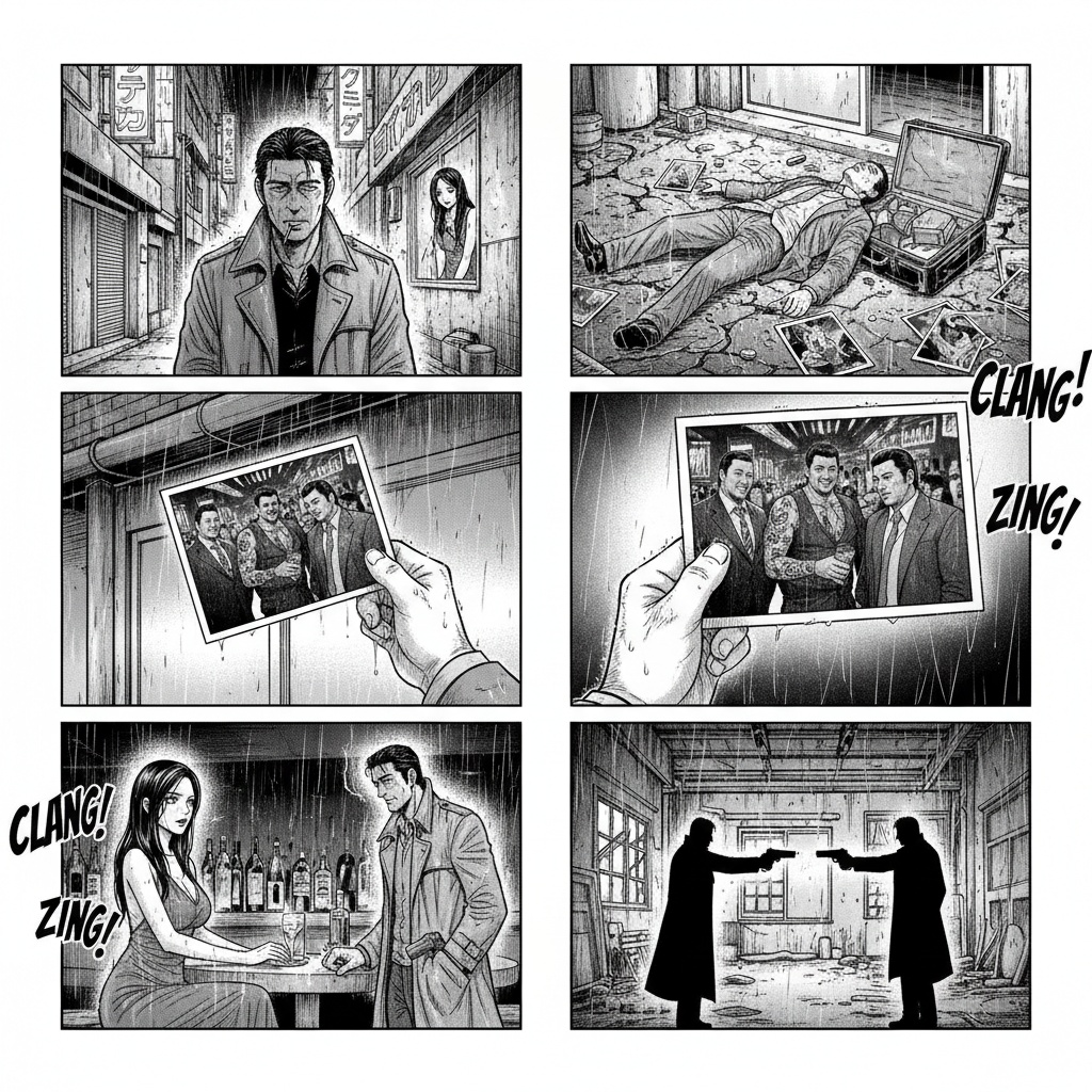 Panel 1:
Detective in trench coat smoking cigarette in dark rainy Tokyo alley with neon signs
Panel 2:
Dead businessman lying on wet pavement with briefcase open showing scattered photos
Panel 3:
Mysterious woman in red dress watching from apartment window above the crime scene
Panel 4:
Detective examining a photo showing the victim with yakuza members at a nightclub
Panel 5:
Detective confronting the woman at a dimly lit bar, gun hidden under his coat
Panel 6:
Silhouette of detective and woman pointing guns at each other in abandoned warehouse