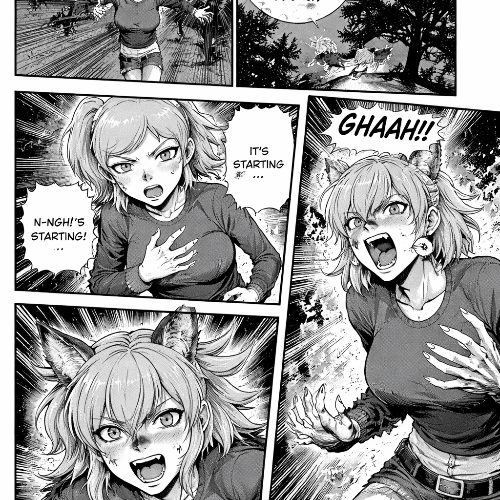 A girl is running in the forest while the full moon is shinning, she looks at the moon and starts transformimg into a werewolf step by step.