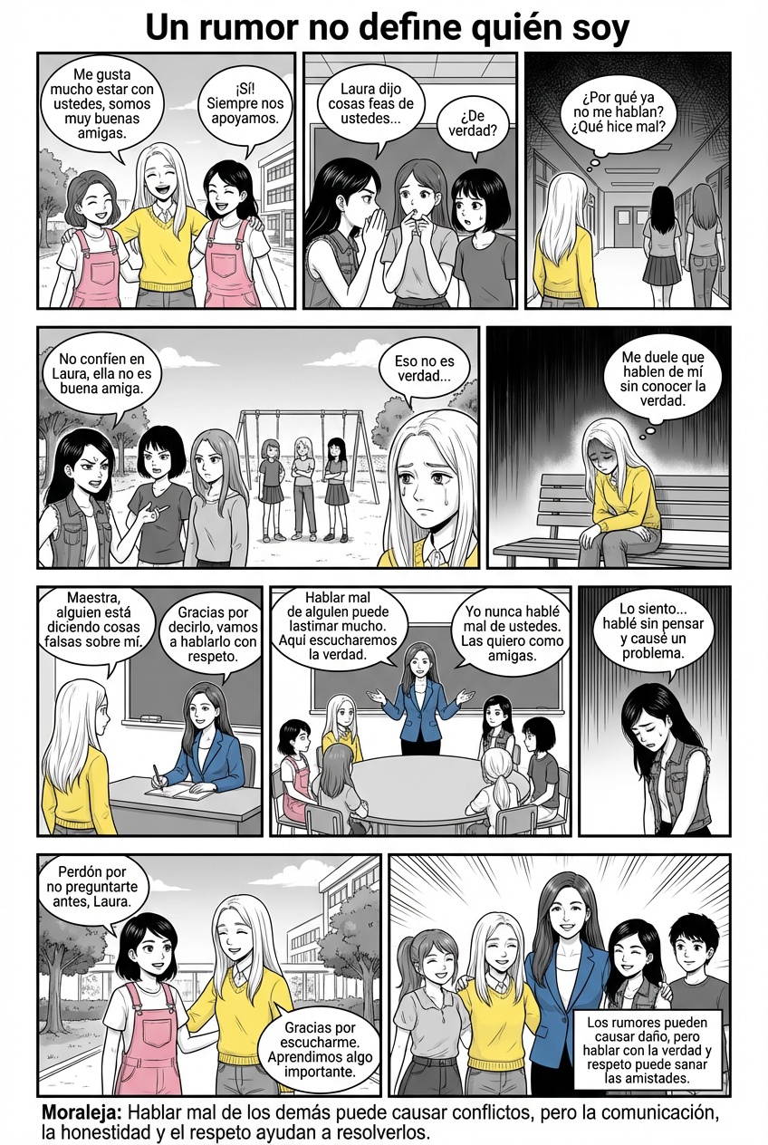 Título del cómic
“Un rumor no define quién soy”
Personajes
Laura: niña amable, tranquila y buena amiga
Elizabeth: compañera que inicia el conflicto
Amigas del grupo
Maestra (figura mediadora)
Historia dividida en viñetas (escenas)
Viñeta 1: La amistad
Patio de la escuela primaria
Laura aparece jugando y riendo con su grupo de amigas.
Laura:
—Me gusta mucho estar con ustedes, somos muy buenas amigas.
Amiga:
—¡Sí! Siempre nos apoyamos.
Viñeta 2: El cambio
Salón de clases
Elizabeth está hablando en secreto con otras niñas.
Elizabeth (susurrando):
—Laura dijo cosas feas de ustedes…
Amiga (confundida):
—¿De verdad?
Viñeta 3: El rumor
Pasillo de la escuela
Las amigas comienzan a alejarse de Laura.
Laura (pensando):
—¿Por qué ya no me hablan? ¿Qué hice mal?
Viñeta 4: El conflicto
Recreo
Laura escucha a Elizabeth hablando mal de ella.
Elizabeth:
—No confíen en Laura, ella no es buena amiga.
Laura (triste):
—Eso no es verdad…
Viñeta 5: El dolor
Baño o banca del patio
Laura está sola, con expresión triste.
Laura (pensamiento):
—Me duele que hablen de mí sin conocer la verdad.
Viñeta 6: Pedir ayuda
Salón de clases
Laura se acerca a la maestra.
Laura:
—Maestra, alguien está diciendo cosas falsas sobre mí.
Maestra:
—Gracias por decirlo, vamos a hablarlo con respeto.
Viñeta 7: La verdad
Reunión del grupo
La maestra reúne a las niñas.
Maestra:
—Hablar mal de alguien puede lastimar mucho. Aquí escucharemos la verdad.
Laura:
—Yo nunca hablé mal de ustedes. Las quiero como amigas.
Viñeta 8: Reflexión
Elizabeth con expresión de arrepentimiento
Elizabeth:
—Lo siento… hablé sin pensar y causé un problema.
Viñeta 9: Perdón y aprendizaje
Patio
Las amigas vuelven a estar juntas.
Amiga:
—Perdón por no preguntarte antes, Laura.
Laura:
—Gracias por escucharme. Aprendimos algo importante.
Viñeta 10: Final
Todas juntas
Narrador:
—Los rumores pueden causar daño, pero hablar con la verdad y respeto puede sanar las amistades.
Mensaje del cómic (puede ir al final)
Moraleja:
Hablar mal de los demás puede causar conflictos, pero la comunicación, la honestidad y el respeto ayudan a resolverlos.
EN ESPAÑOL