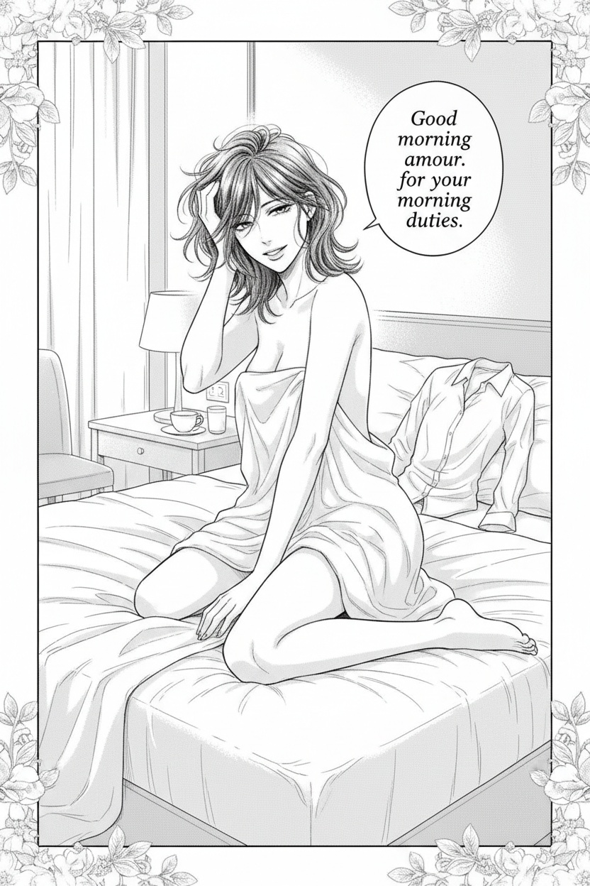 ONE SINGLE PANEL
Soft grey morning light fills a quiet hotel bedroom.
The sheets are tangled from the night before, the room still carrying the warmth and intimacy of sleep.
Sandrine kneels near the center of the bed facing the viewer, obviously naked beneath the loose white sheets gathered softly around her hips.
Her dark hair is messy from sleep, one hand pushing it back absentmindedly while the other rests against the mattress for balance.
One bare leg folds beneath her while the other stretches lazily toward the foreground, her bare foot brushing lightly against the sheets.
She looks directly toward the viewer with sleepy authority, affectionate amusement, and unmistakable expectation.
The atmosphere feels deeply intimate, domestic, playful, and emotionally close rather than explicit.
NO explicit anatomy
NO explicit sexual acts
NO graphic nudity
ONE speech bubble only. She says:
“Good morning amour. Time for your morning duties.”